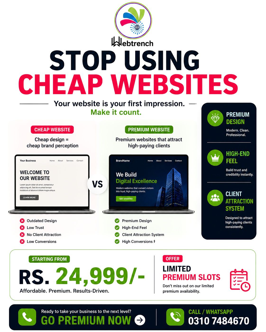 Webtrench Facebook ad: If your website looks cheap, clients assume your…