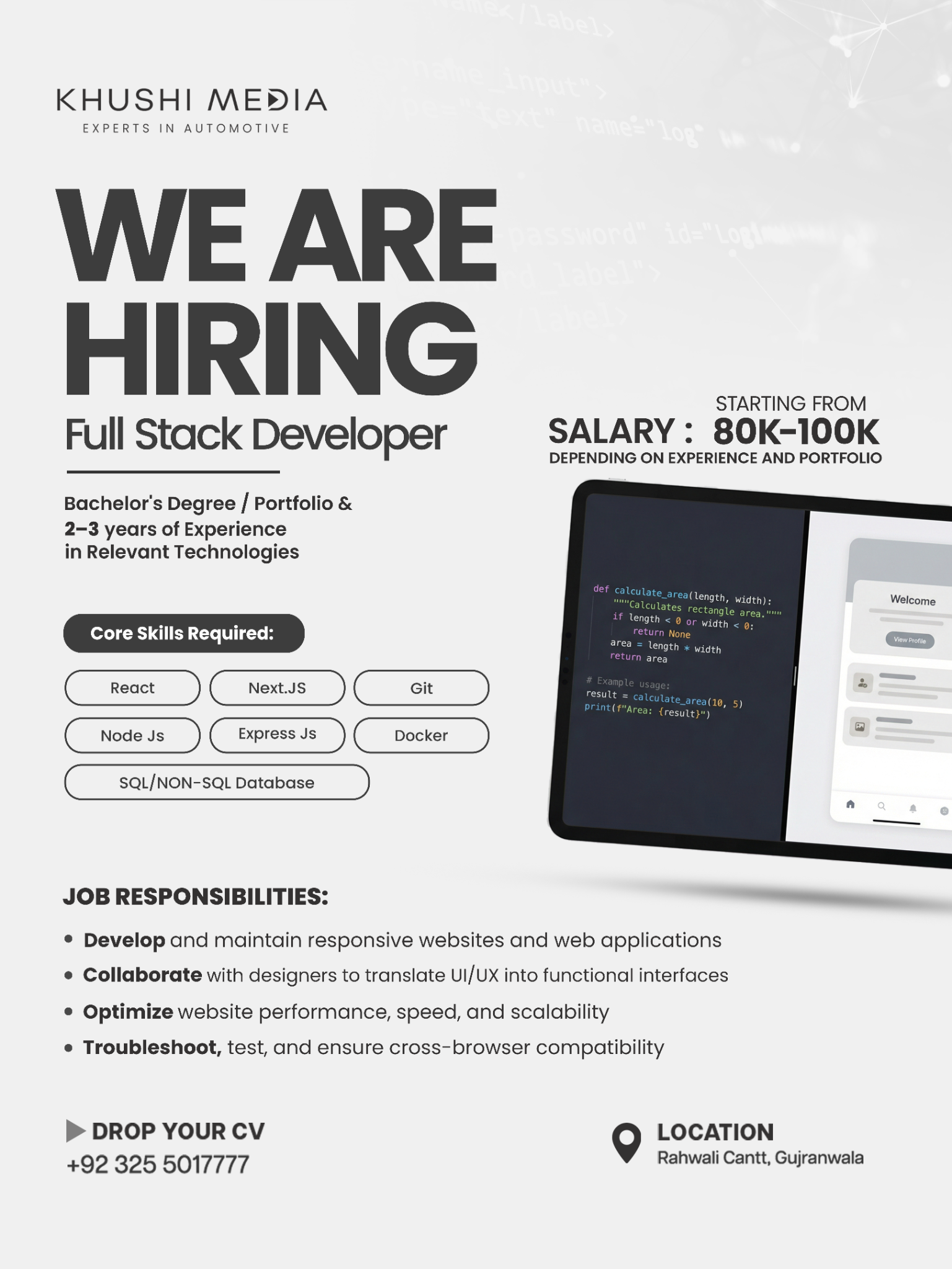 Khushi Media Facebook ad: Join Our Team as Full Stack Developer.