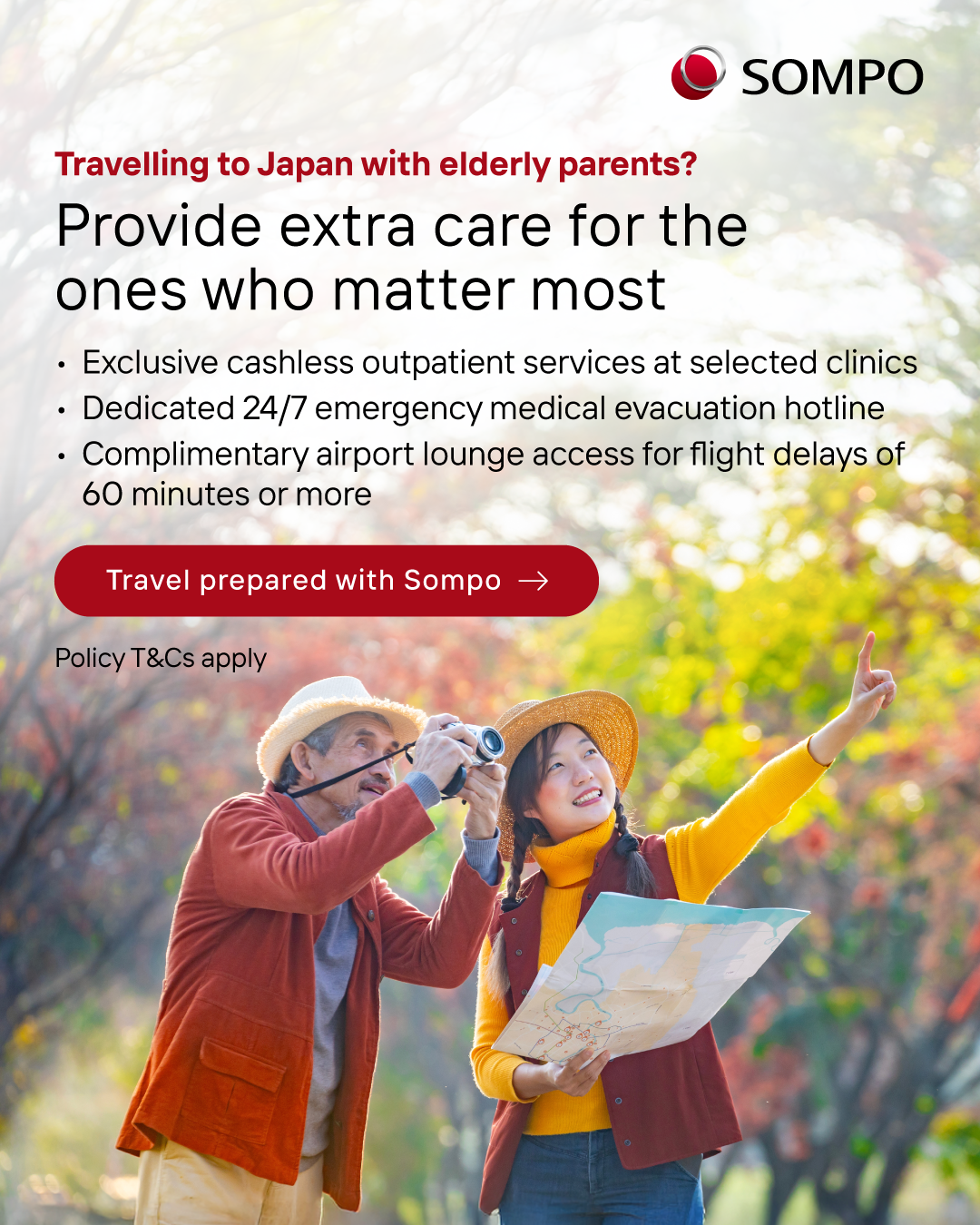 Sompo Singapore Facebook ad: Support for your loved ones while they travel in Japan
