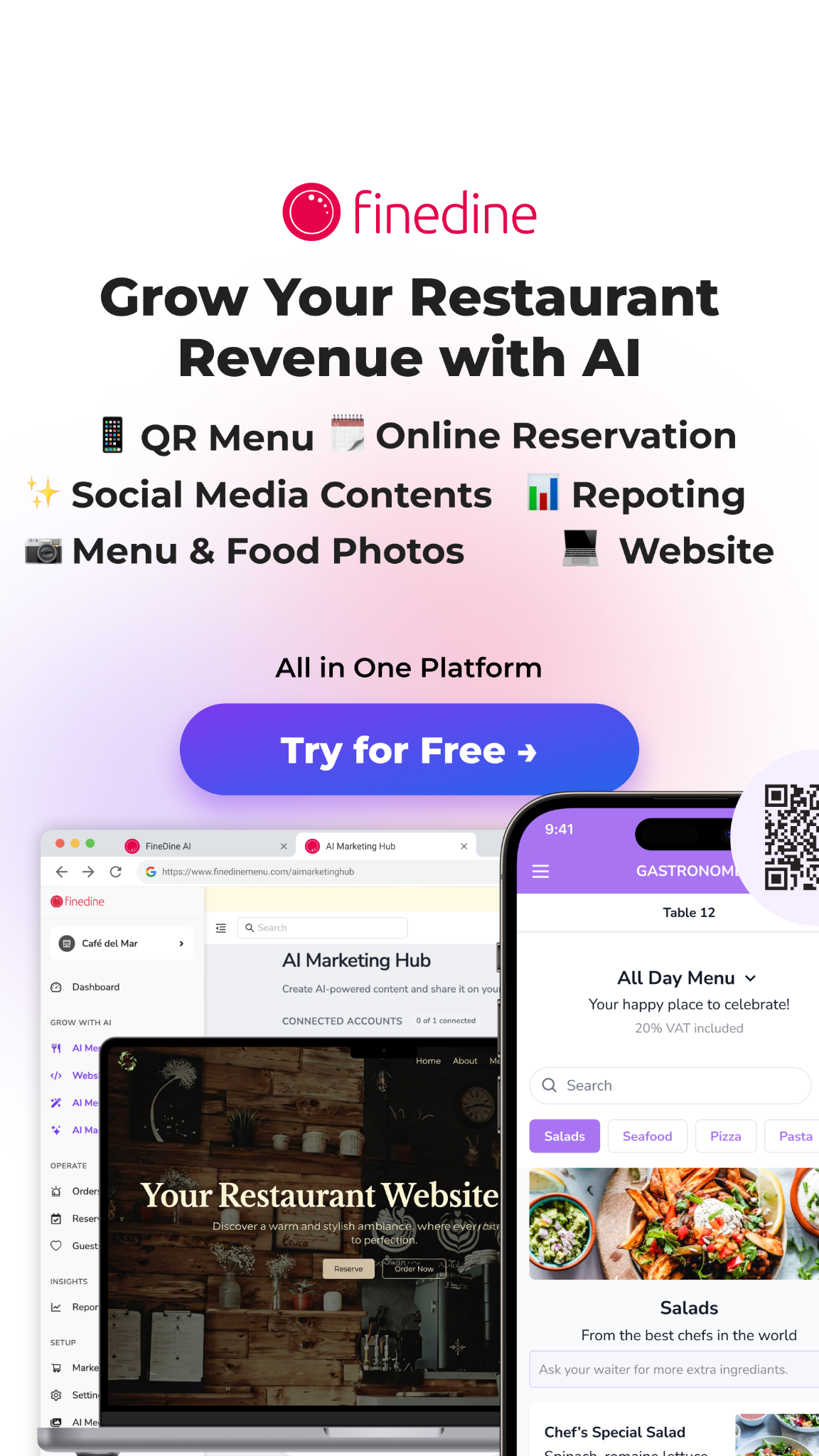 Finedine Menu for Restaurants Facebook ad: Grow your restaurant's revenue, with AI.