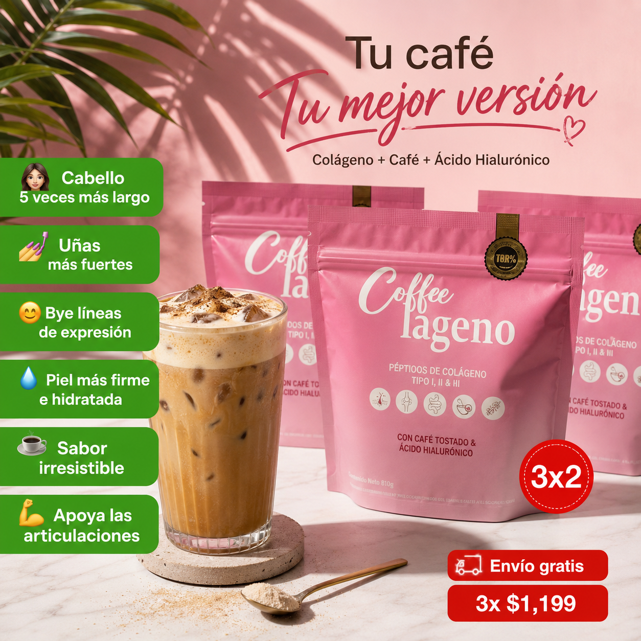 Coffelageno Mexico Facebook ad: Escríbenos y pide el tuyo hoy. 3x2