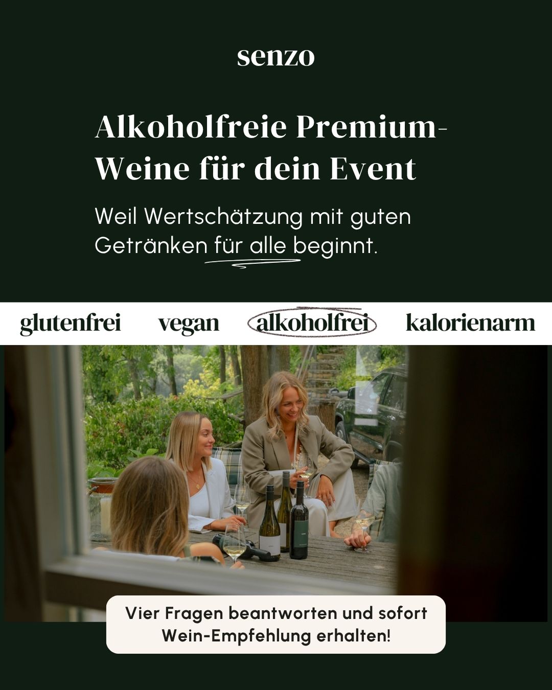 Senzo Facebook ad: Alkoholfreier Wein-Finder für dein Event