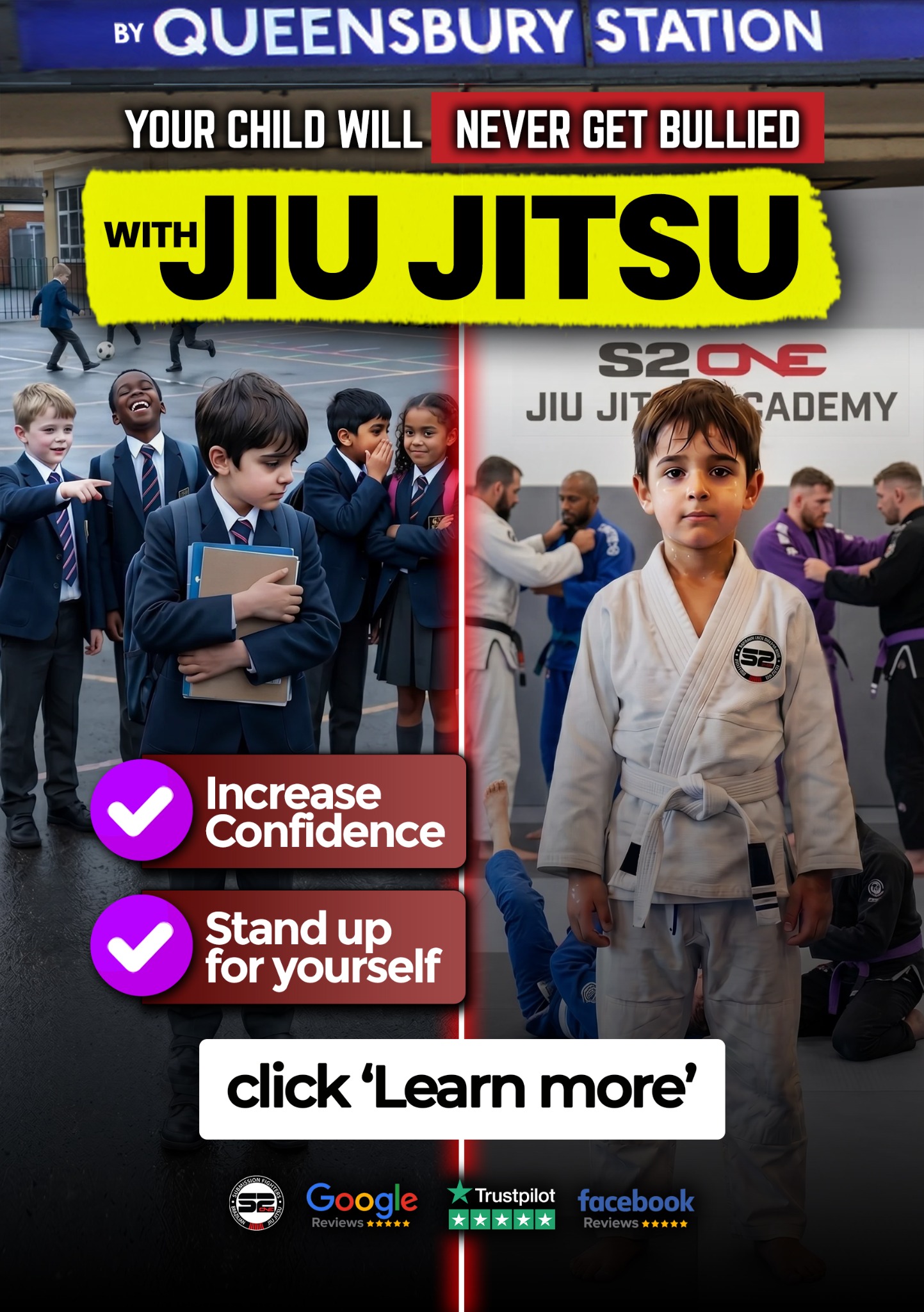 S2one Jiu Jitsu Academy Facebook ad: The Queensbury Bjj gym Quietly Turning shy and bullied…