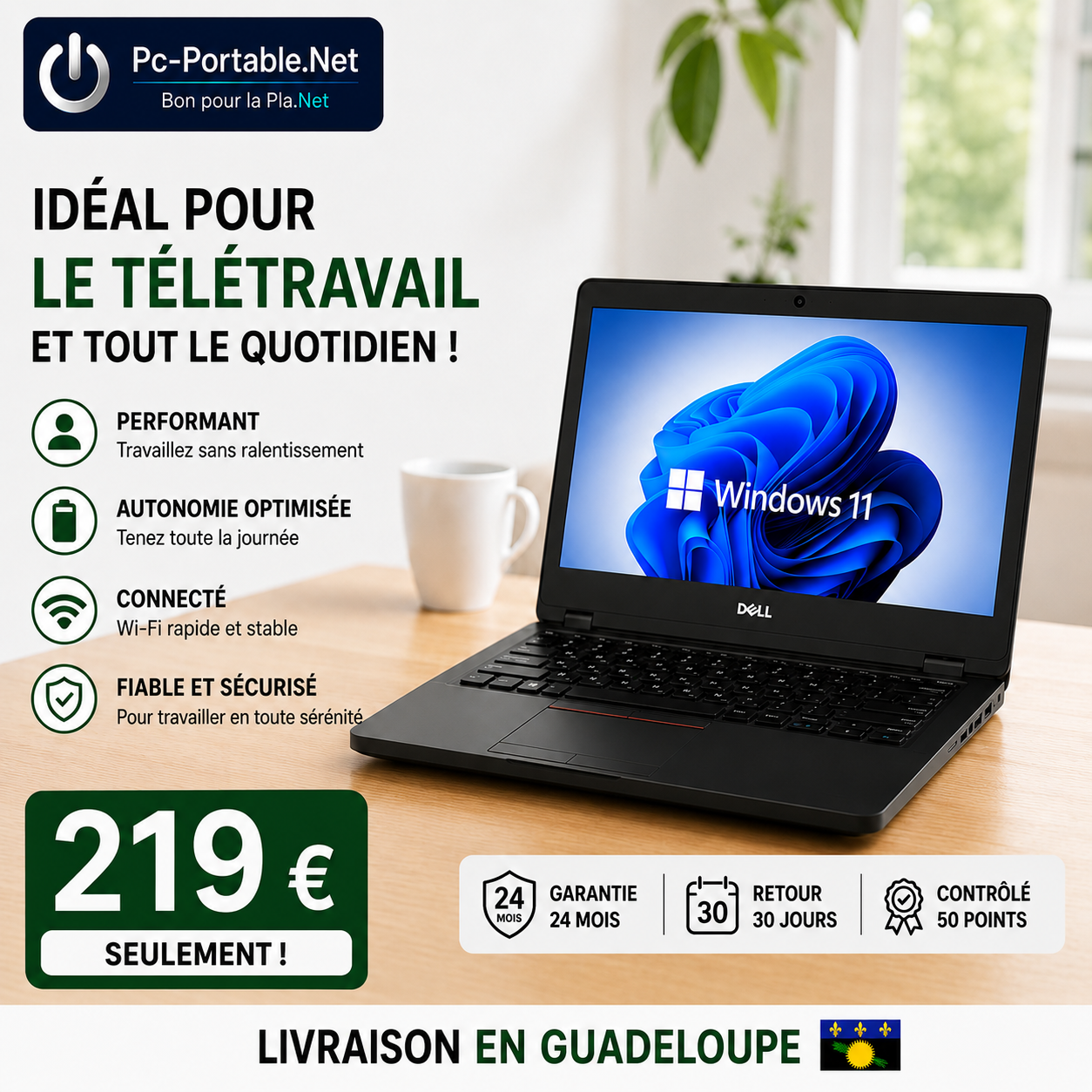 Pc-portable.net Facebook ad: DELL 7480 Core i5 - Windows 11 - SSD 250 GO - Ram 12 Go…