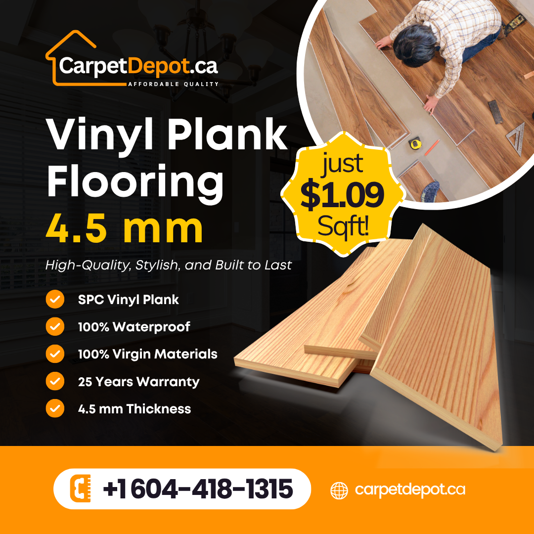 Discount Carpet & Flooring Vancouver Facebook ad: Transform your home with our 4.5mm luxury vinyl…