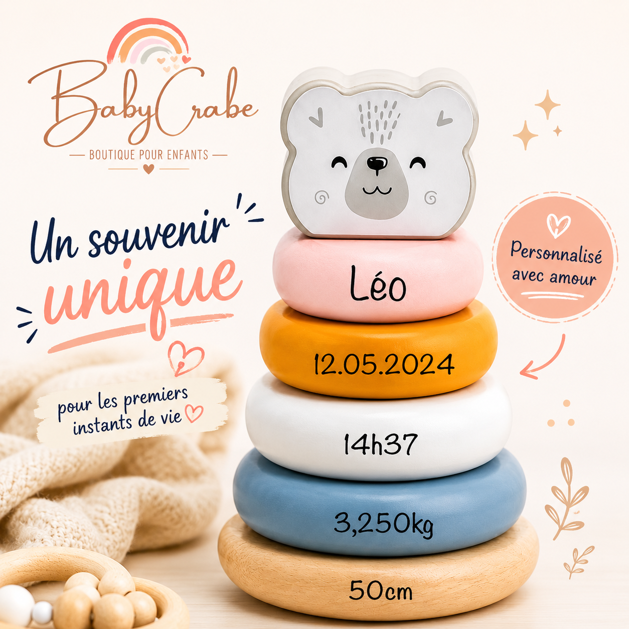 Babycrabe Facebook ad: Tour à empiler personnalisée