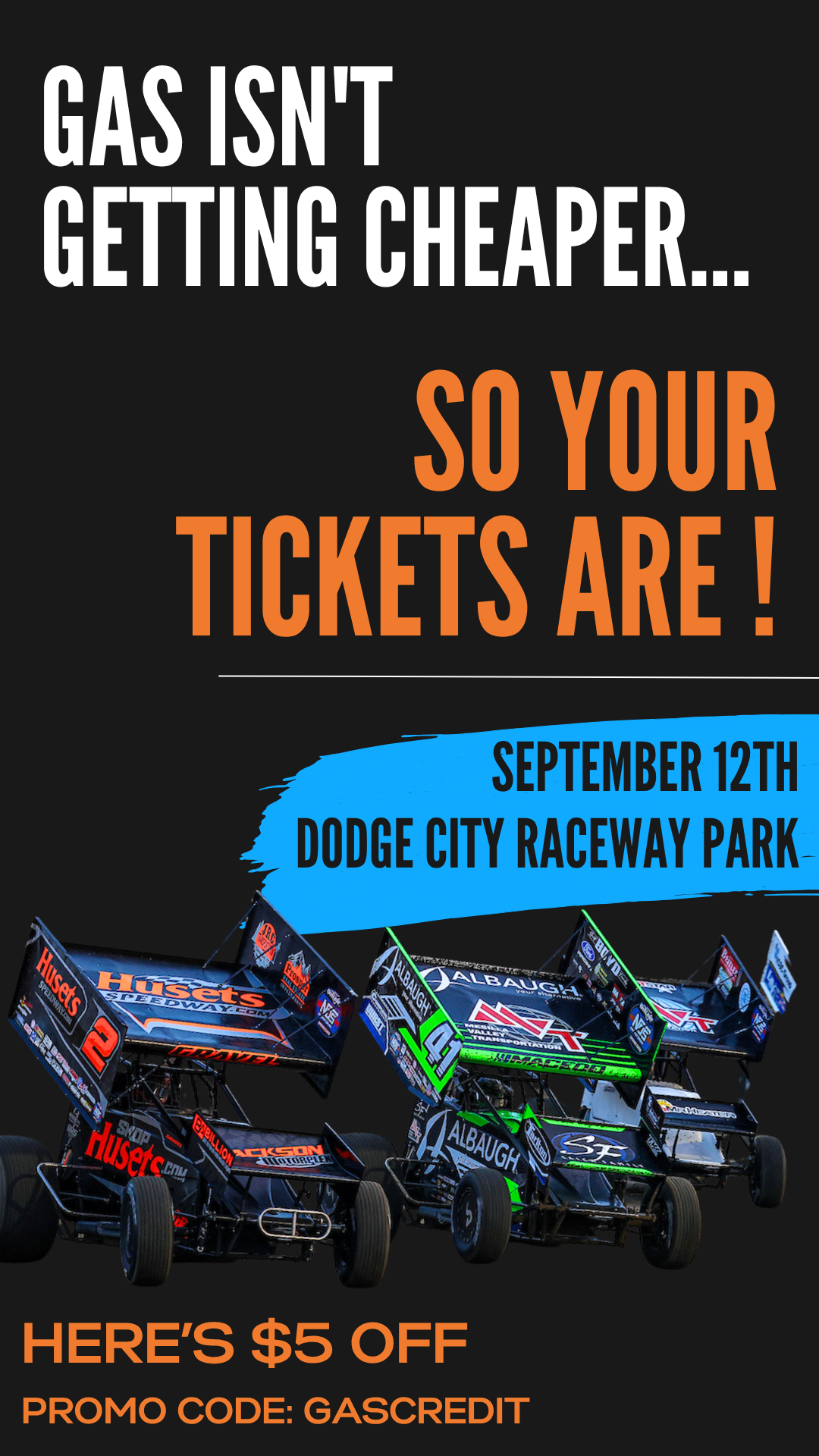 World of Outlaws Sprint Car Series Facebook ad: We can't lower gas prices, but we CAN save you $5!