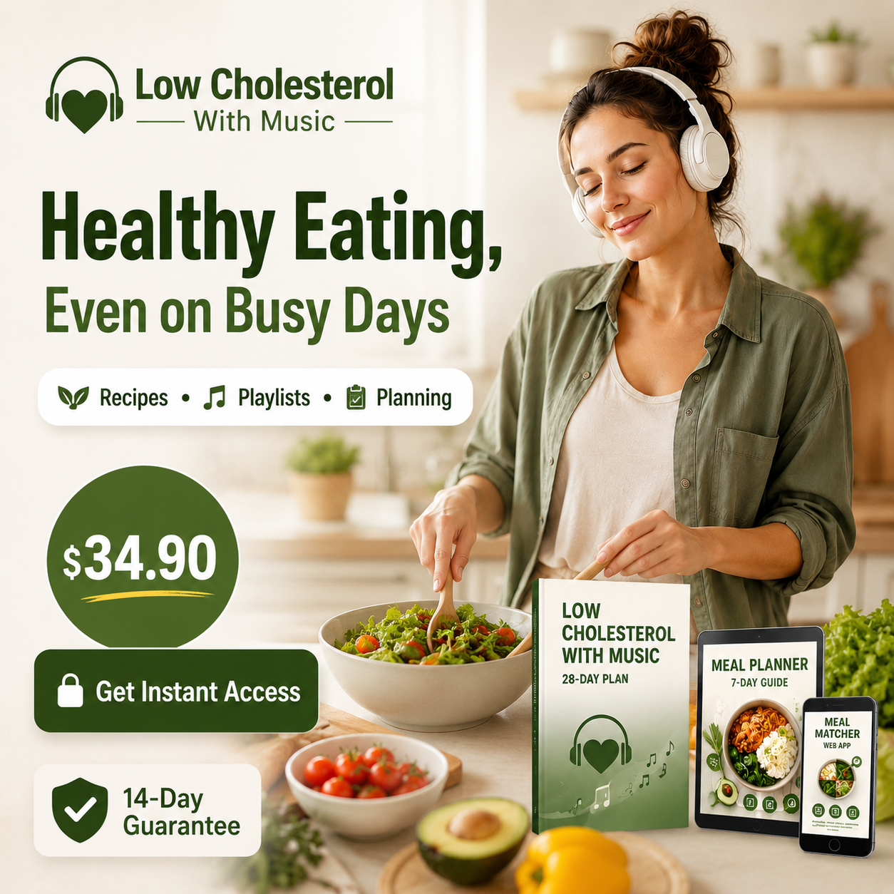 Low Cholesterol with Music Facebook ad: Healthy Eating Shouldn’t Fall Apart on Stressful Days