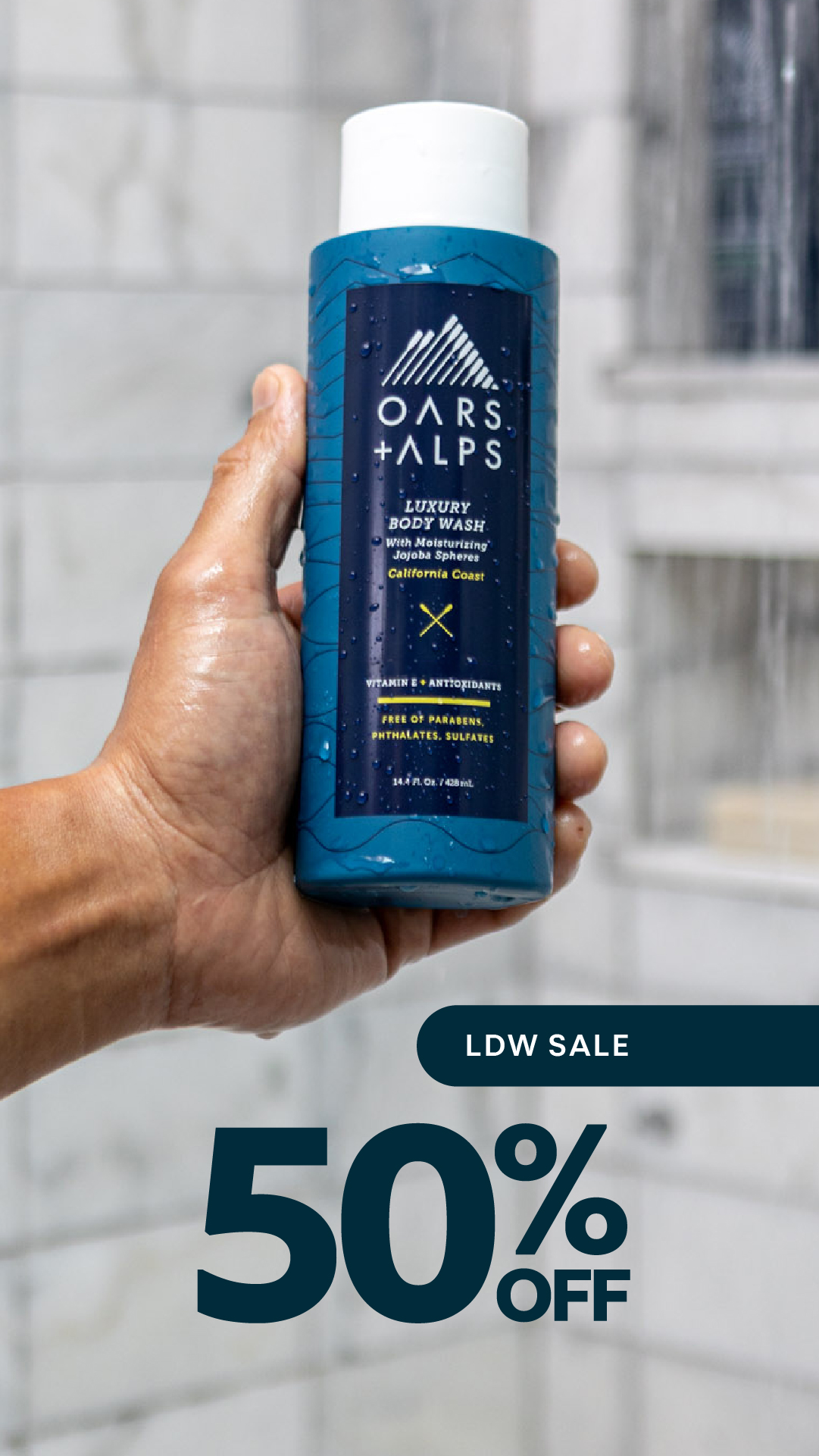 Oars + Alps Facebook ad: That's right. Save 50% on body wash, deodorant…