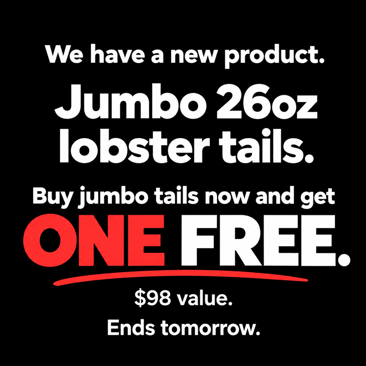 PrimeFish Seafood Co. Facebook ad: FREE 26oz Jumbo Tail ($98 Value)
