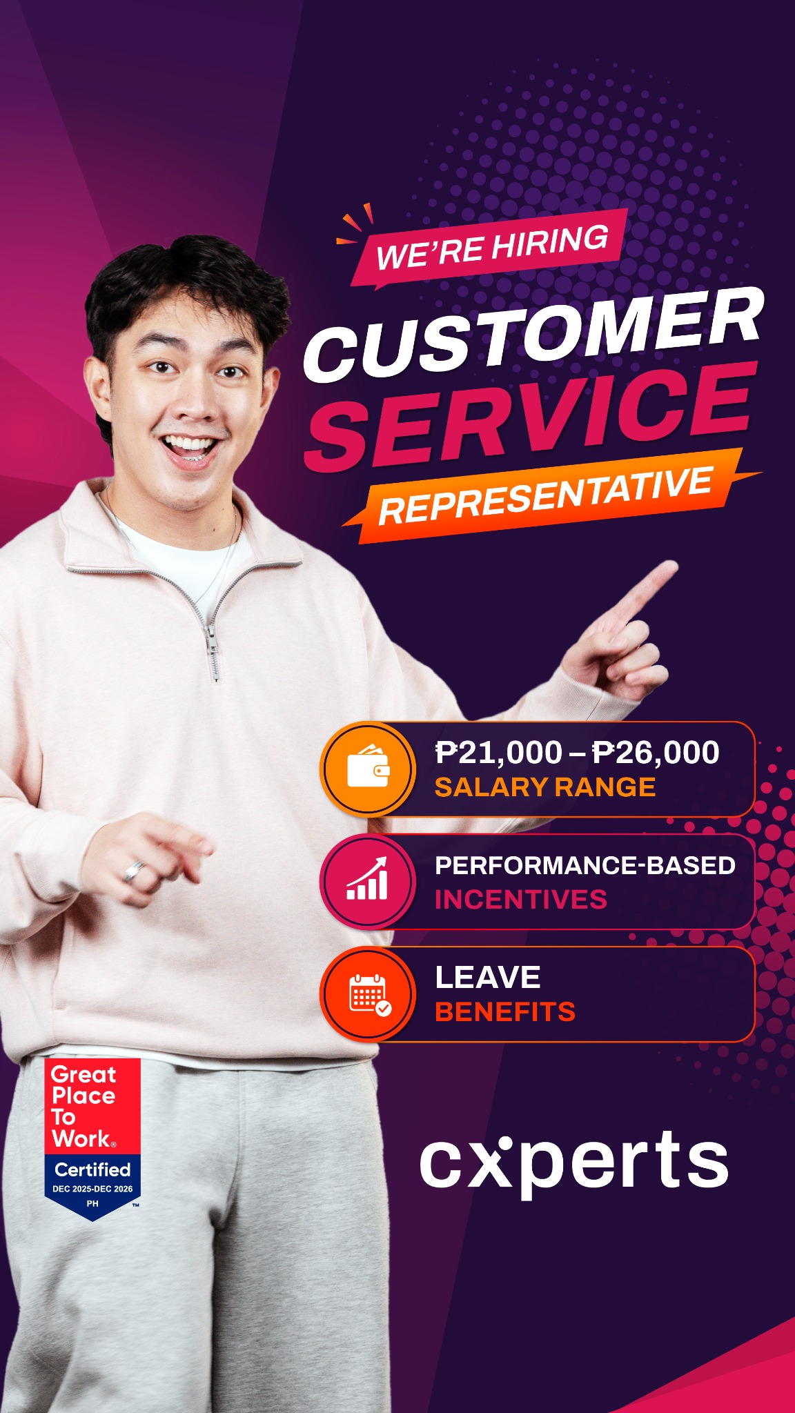 cxperts asia Facebook ad: URGENTLY HIRING: Customer Service Representatives