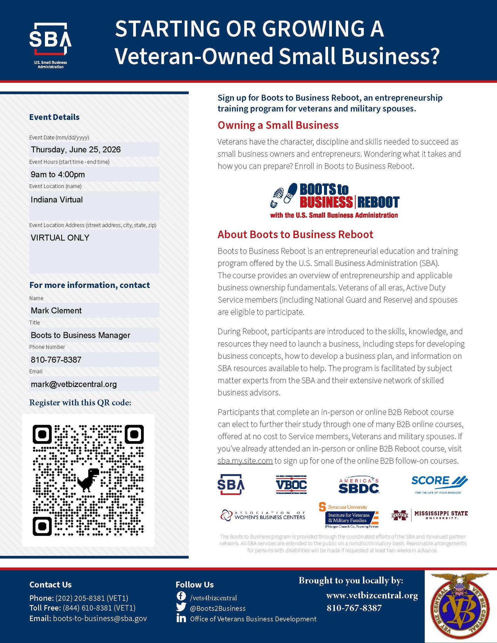 VetBiz Central Facebook ad: Boots to Business-Indiana Virtual