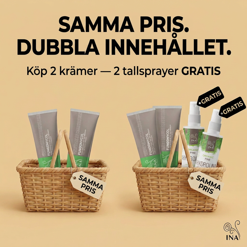 InaEssentials - Webbutik för 100% ekologisk BIO-kosmetika Facebook ad: Köp 2 Fungomycol, få 2 Hydrolina på köpet
