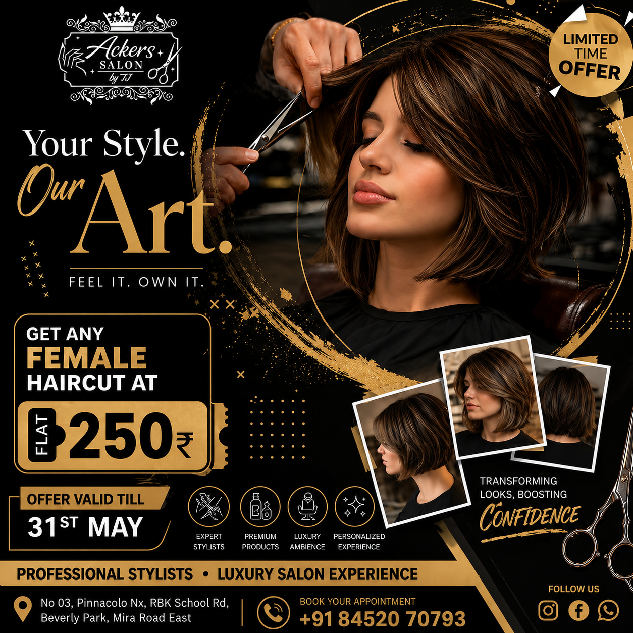 Ackerssalonbytj Facebook ad: Any Female Haircut @ ₹250