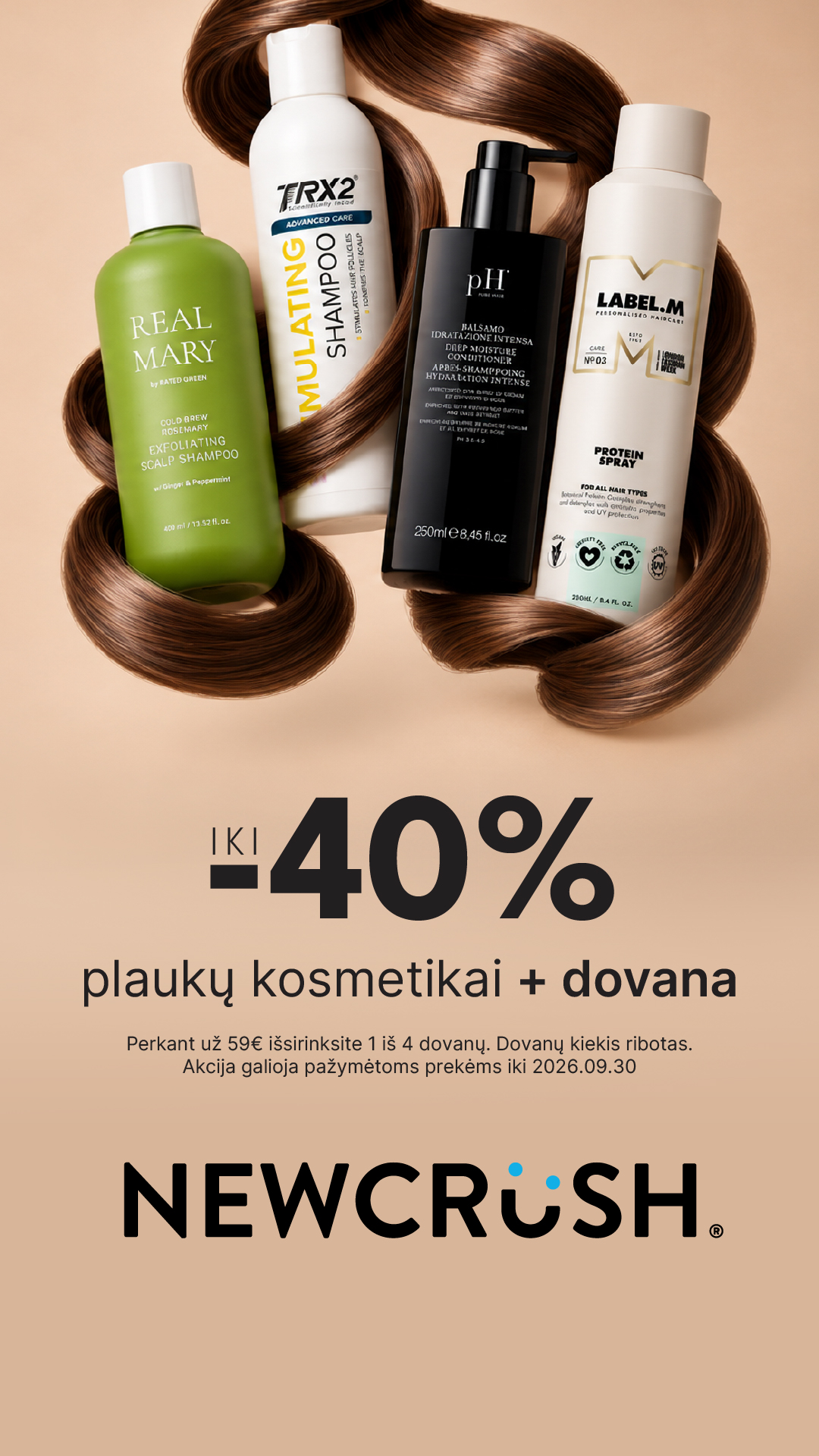 Newcrush Facebook ad: Plaukų kosmetikai -25% ir dar dovana