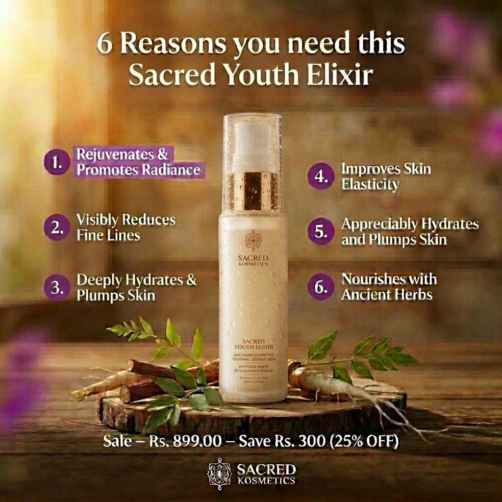 Sacred Kosmetics Facebook ad: Advanced Anti Aging, Designed for Indian Skin