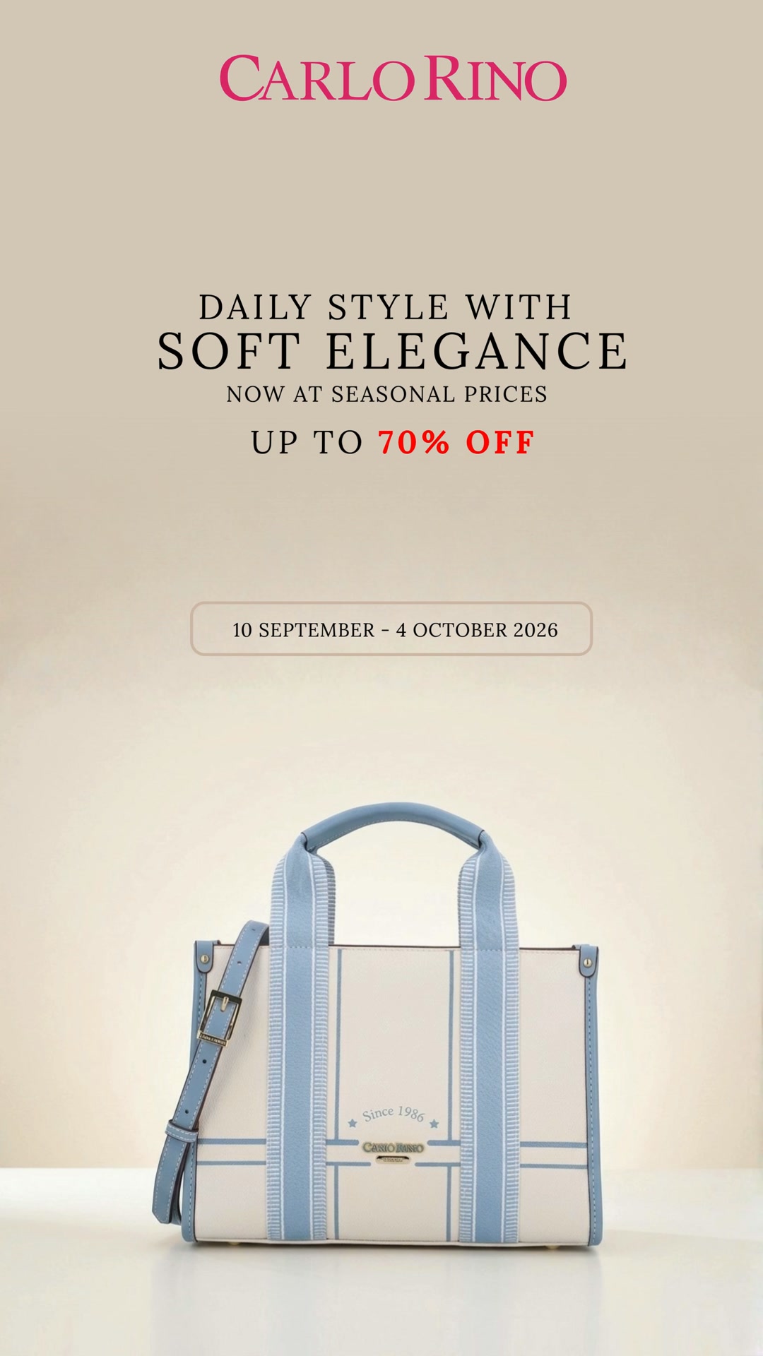 Carlo Rino Facebook ad: Enjoy up to 70% OFF from 10 Sep, 4 Oct!