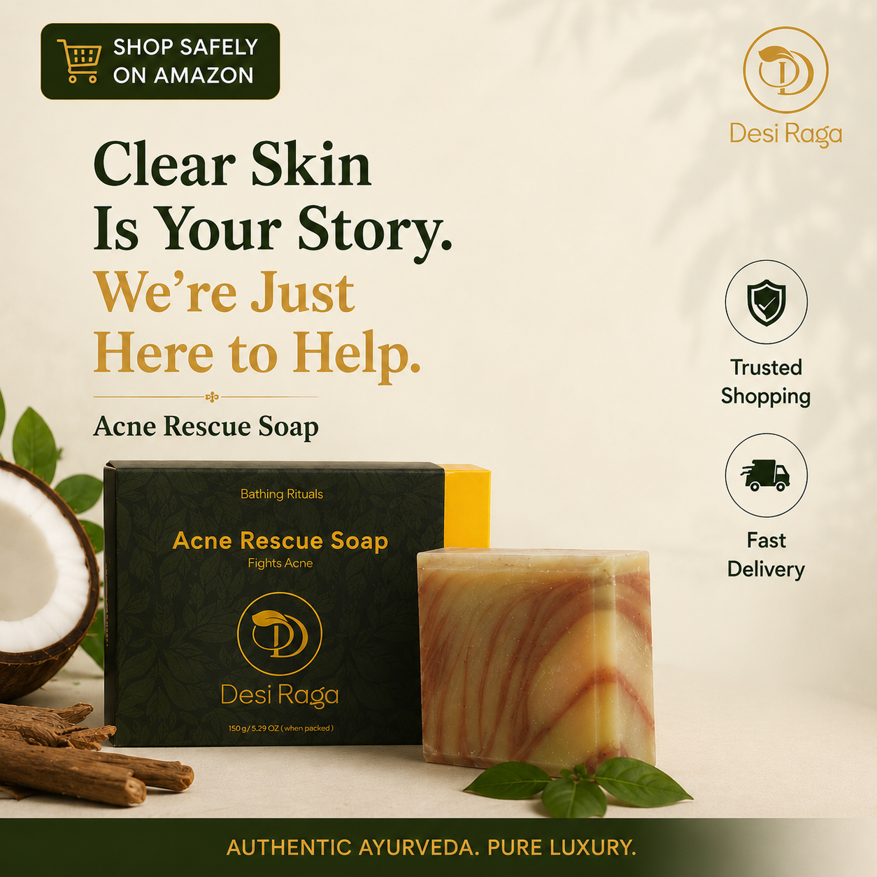 Desi Raga Facebook ad: Ayurvedic care for acne-prone skin, cold-pressed…