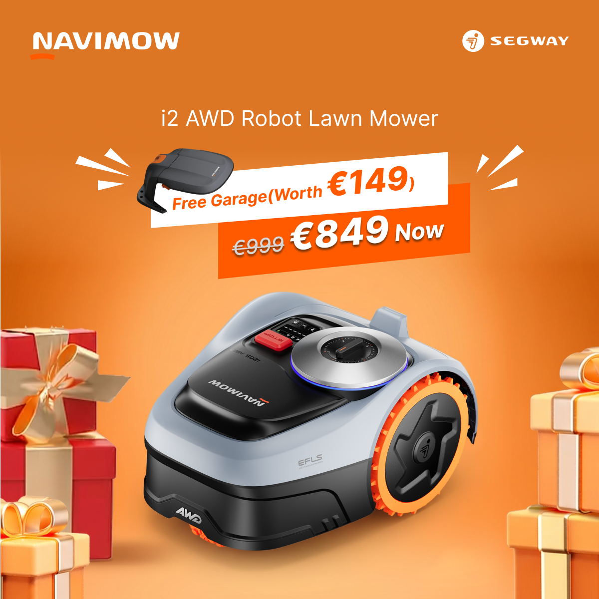 Segway Navimow Nordics Facebook ad: Navimow i2 AWD | €150 OFF + FREE Garage