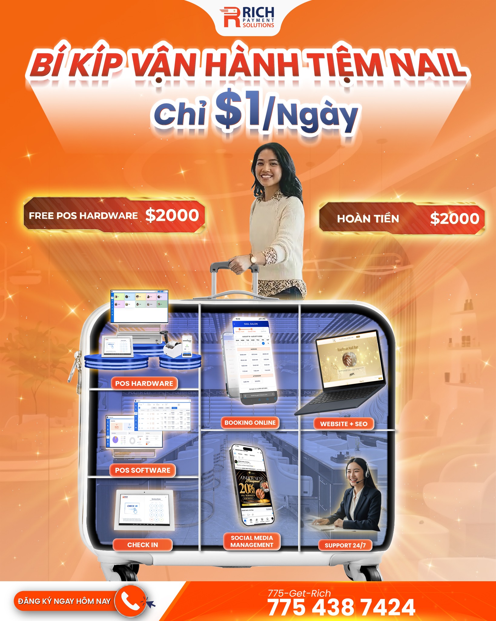 RICH Payment Solutions Facebook ad: BÍ KÍP VẬN HÀNH TIỆM NAIL CHỈ $1/NGÀY