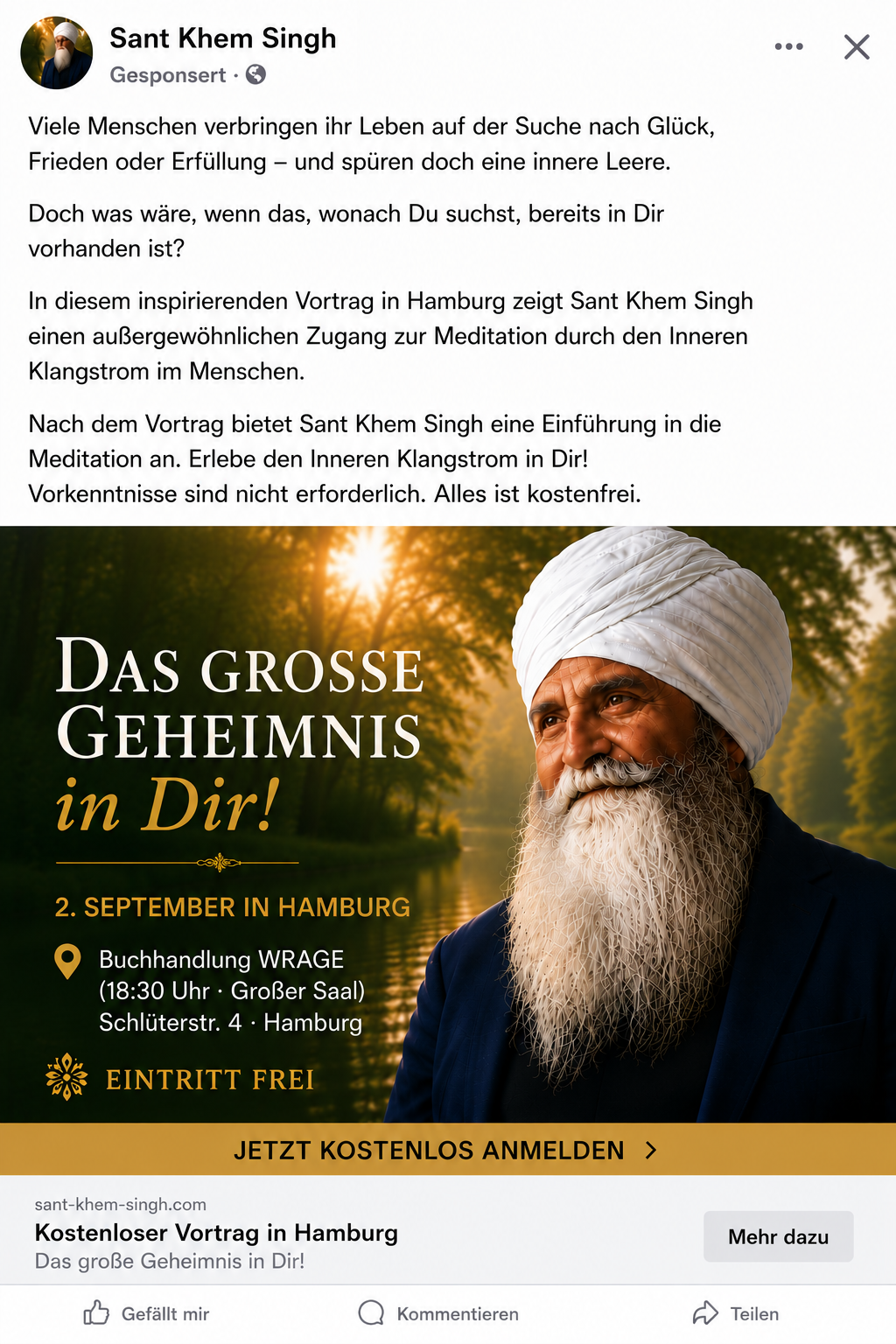 Sant Khem Singh Facebook ad from Aug 3, 2026
