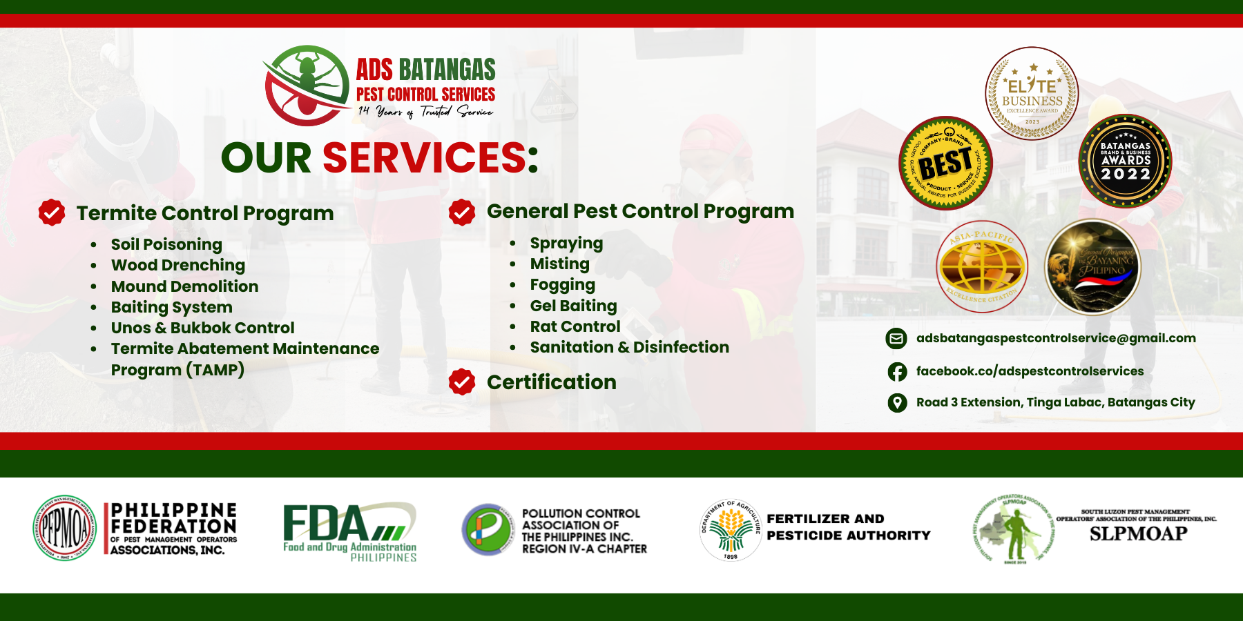 ADS Batangas Pest Control Services - Main Facebook ad: Trusted 14 Years in Luzon