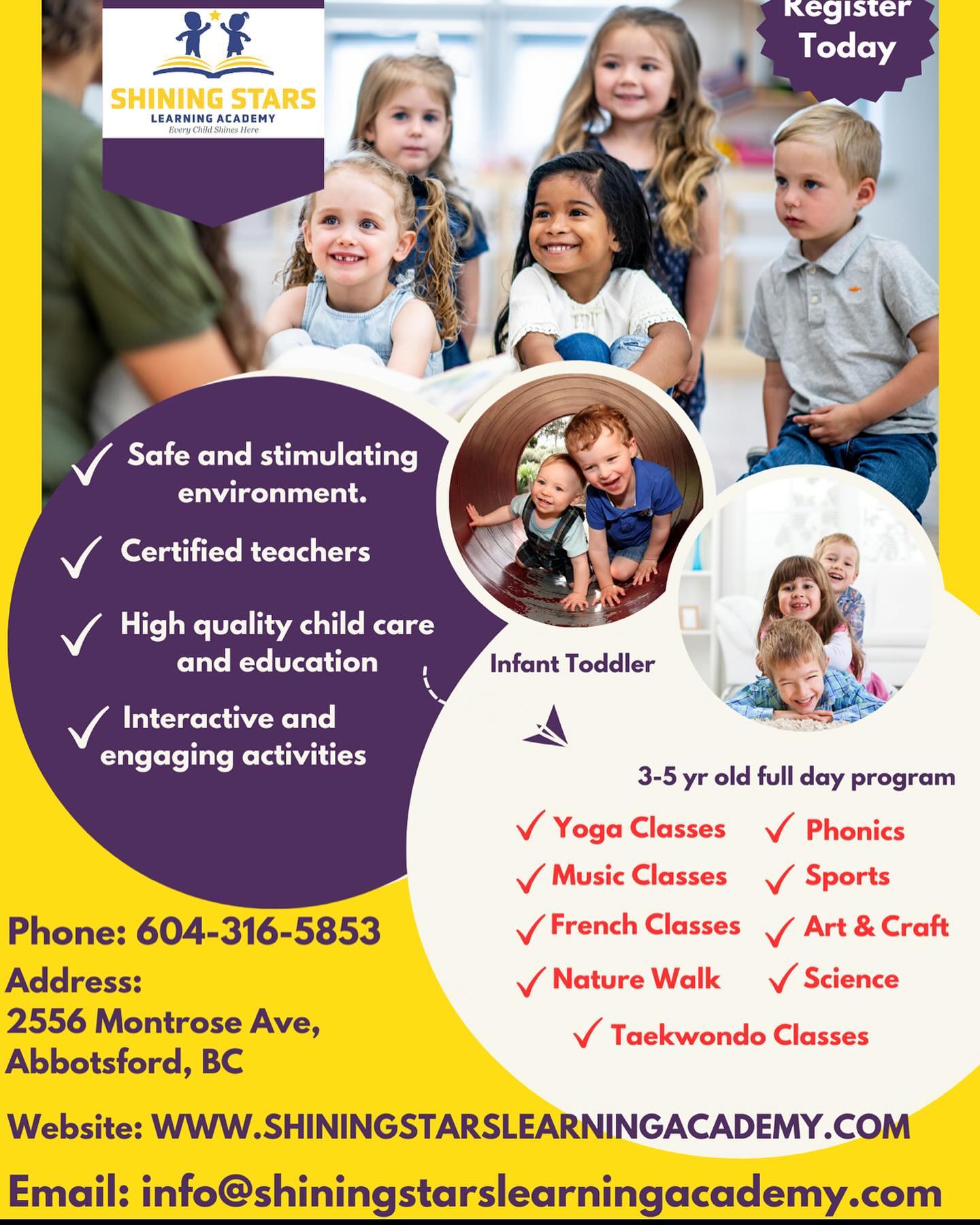 Shining Stars Learning Academy Abbotsford Facebook ad: Accepting new applications for all ages