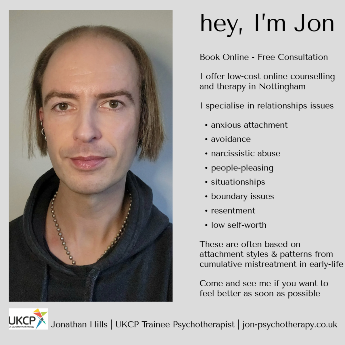Jonathan Hills UKCP Trainee Psychotherapist Facebook ad: Low-Cost Online Therapy