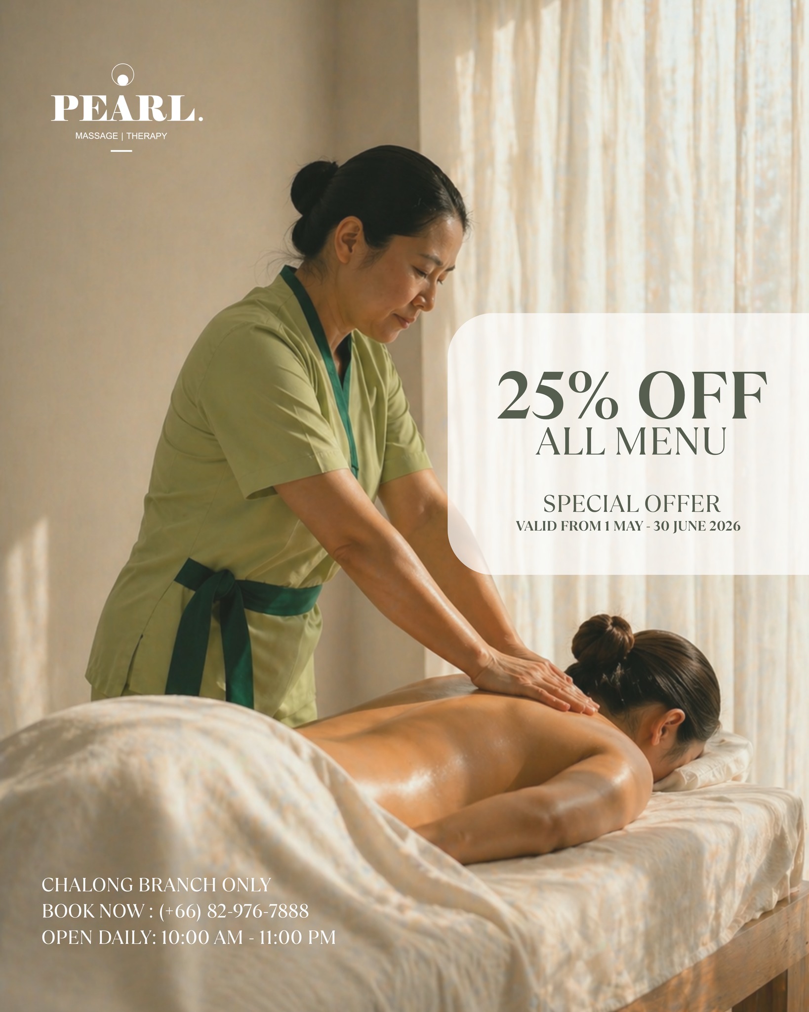 Pearl Massage & Therapy Facebook ad: 25% Discount! ALL massage treatments, starting from THB…