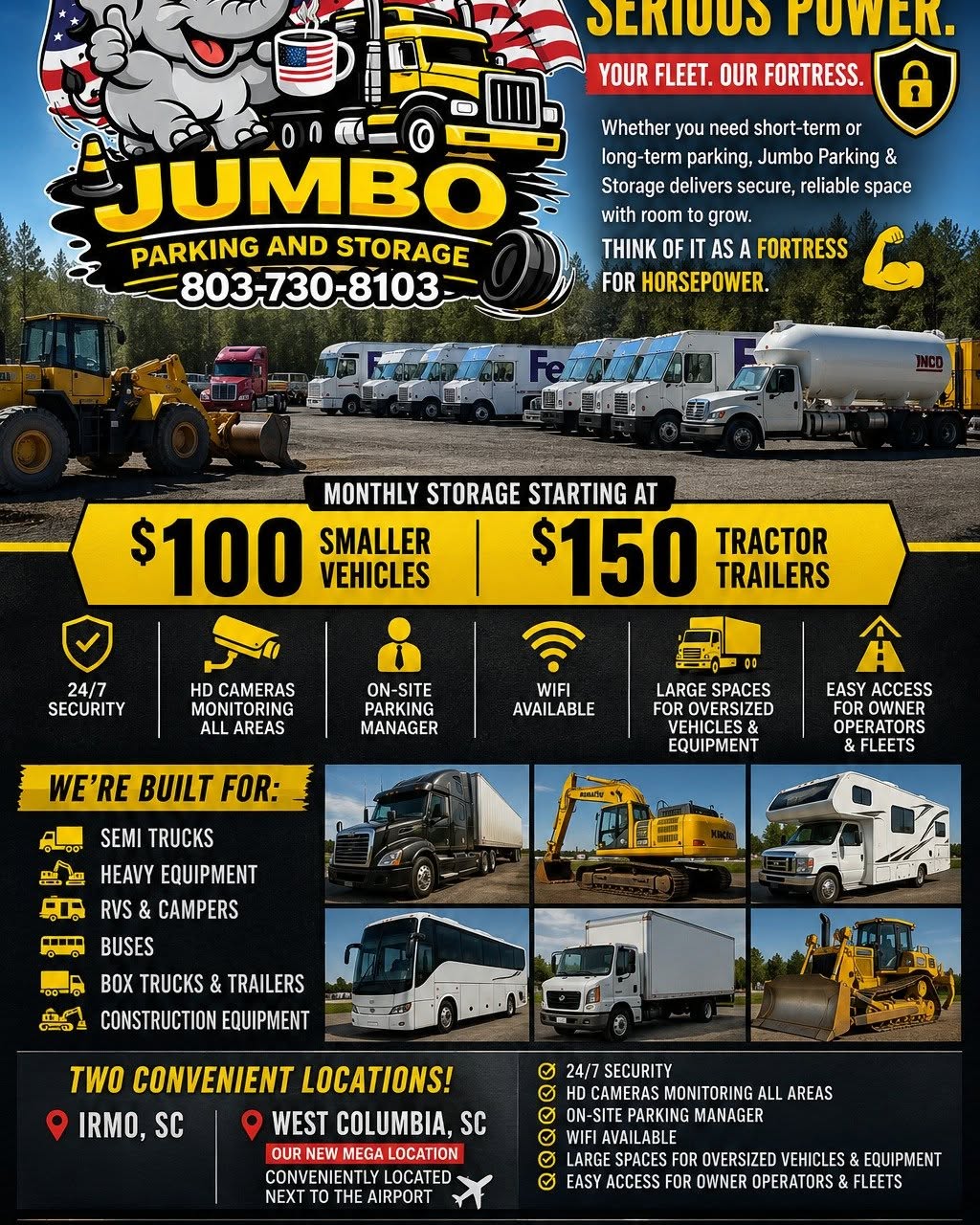 Colombian Living Facebook ad: Secure Parking for your Semi Truck, Trailer, RV, Bus, Dump…