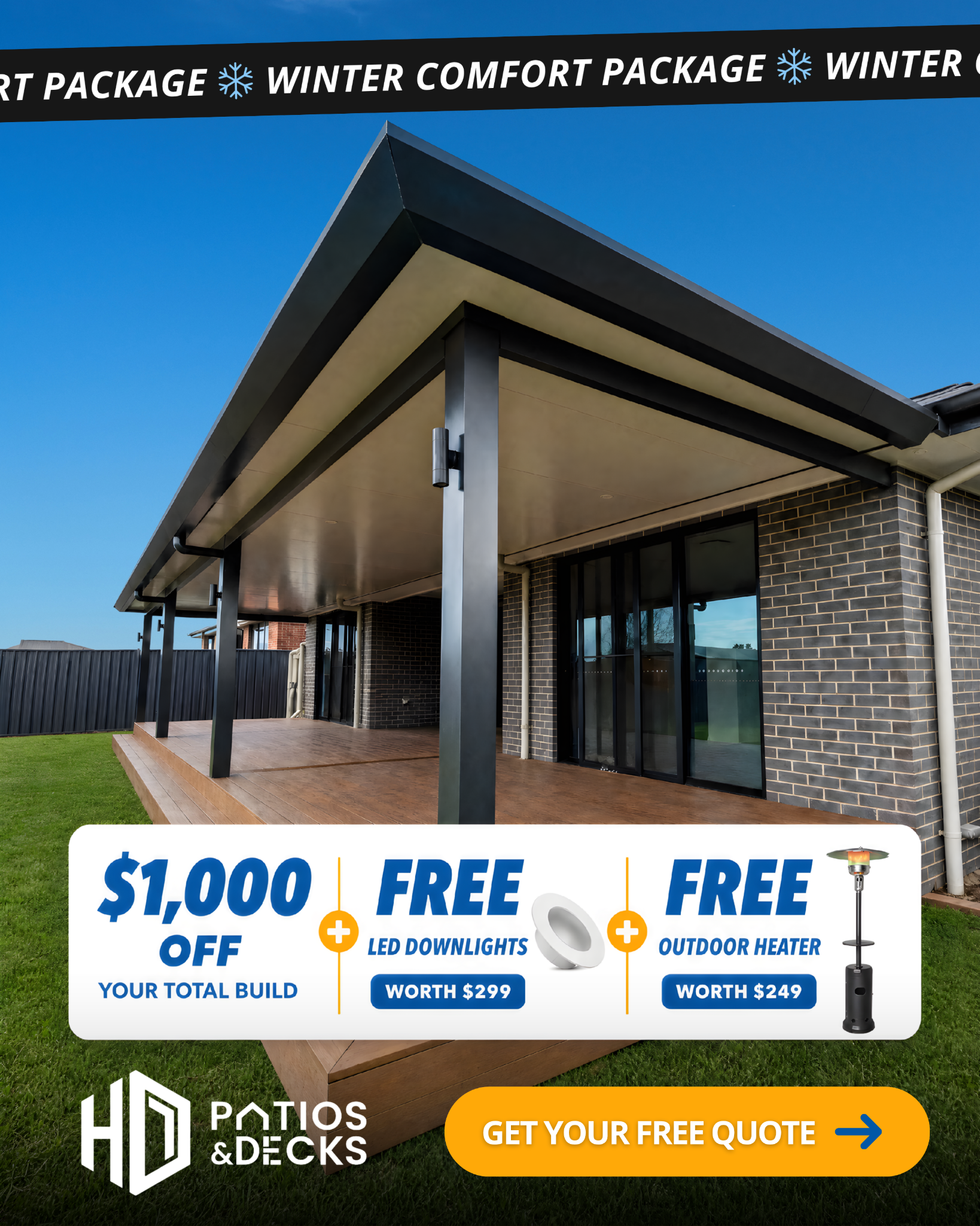 HD Patios & Decks Facebook ad: Insulated Patio + Deck Package With $1,548 in Free Extras