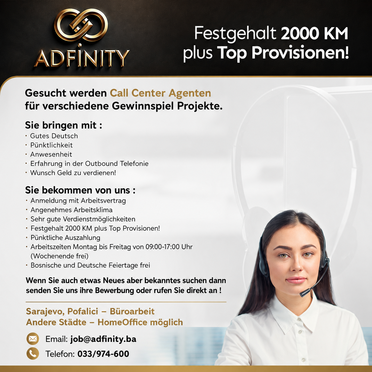 AdFinity Facebook ad: Deutsch sprechen. 2.000 KM fix verdienen.