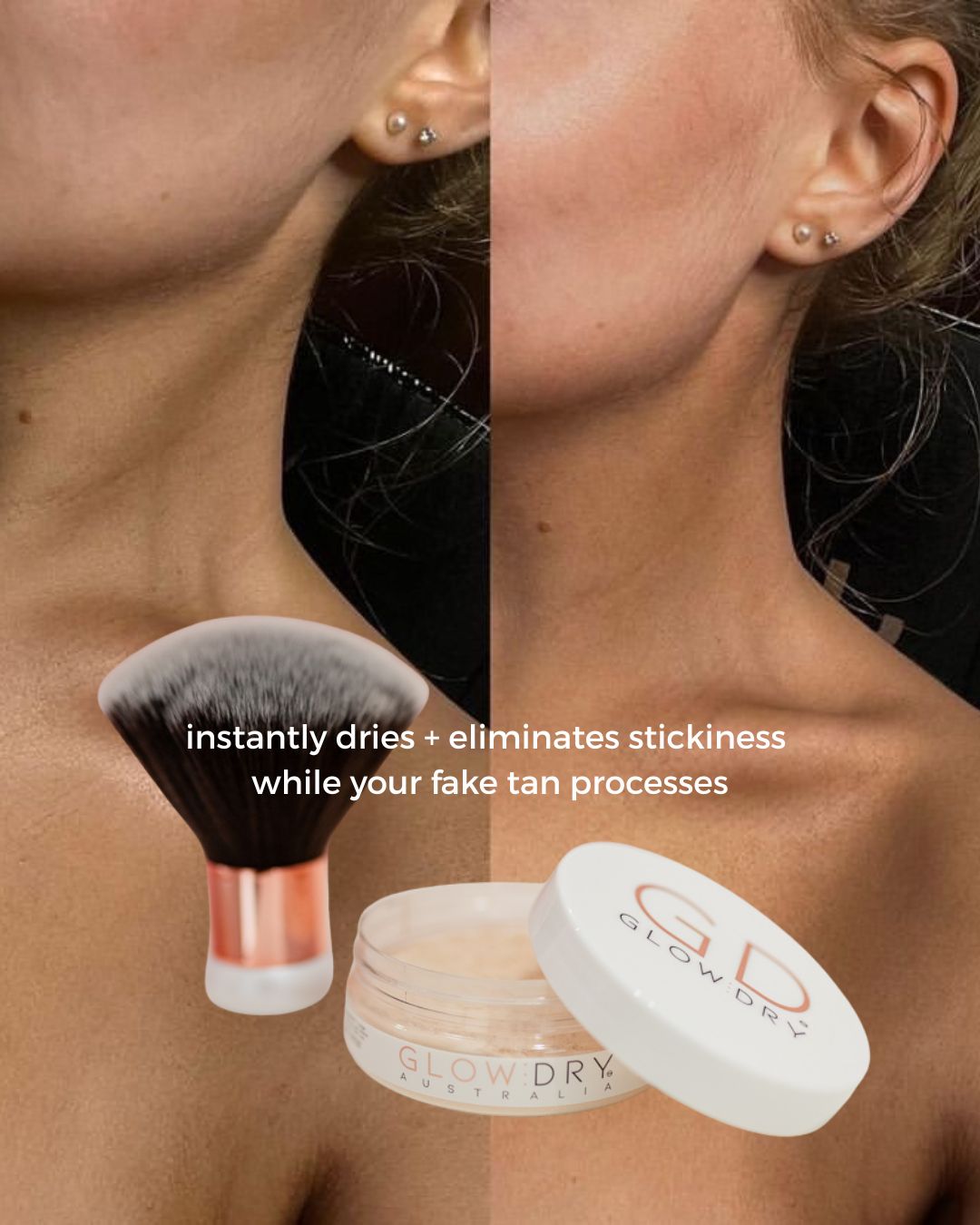 GlowDry - Fake Tan Drying Powder Facebook ad: No More Sticky Fake Tan