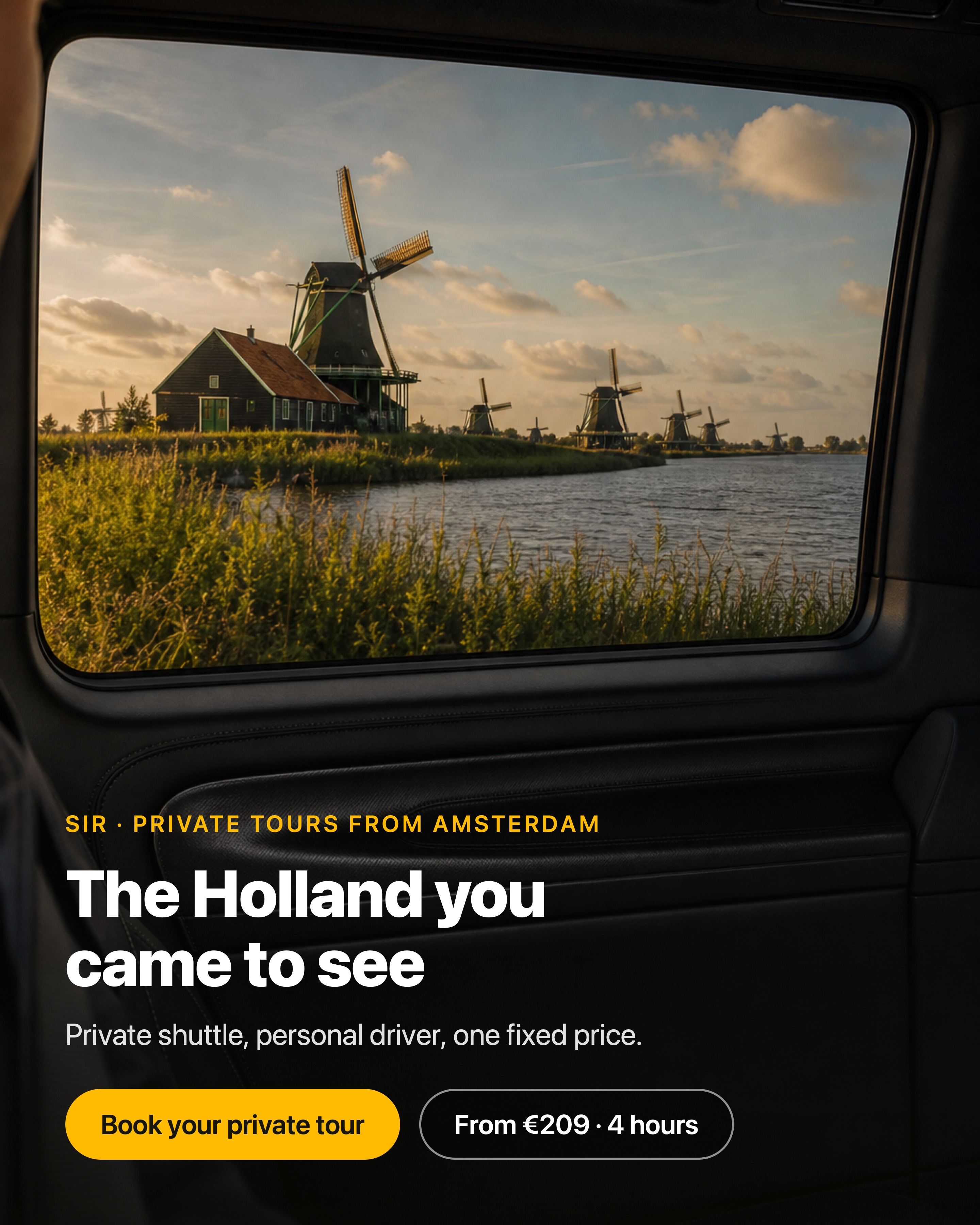 SIR Taxi Amsterdam Facebook ad: Private Windmill Tour, One Flat Price
