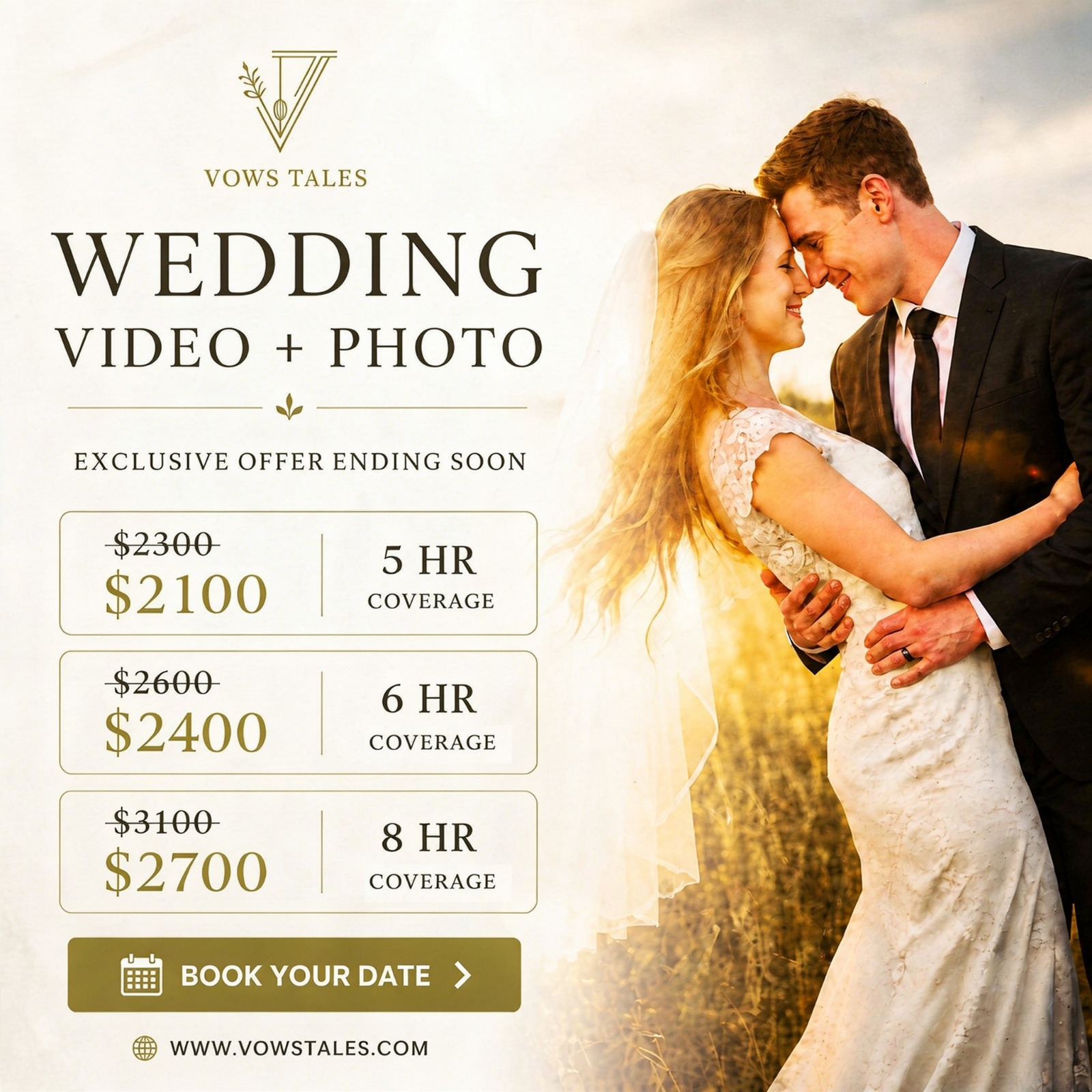 vowstales Facebook ad: Secure Your Wedding Photo & Video Today