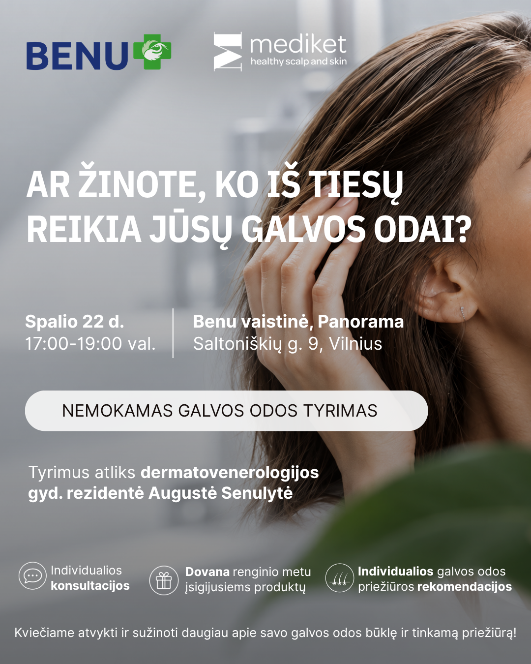 Vitella & Mediket Lietuva Facebook ad: Nemokamas galvos odos tyrimas ir individuali konsultacija