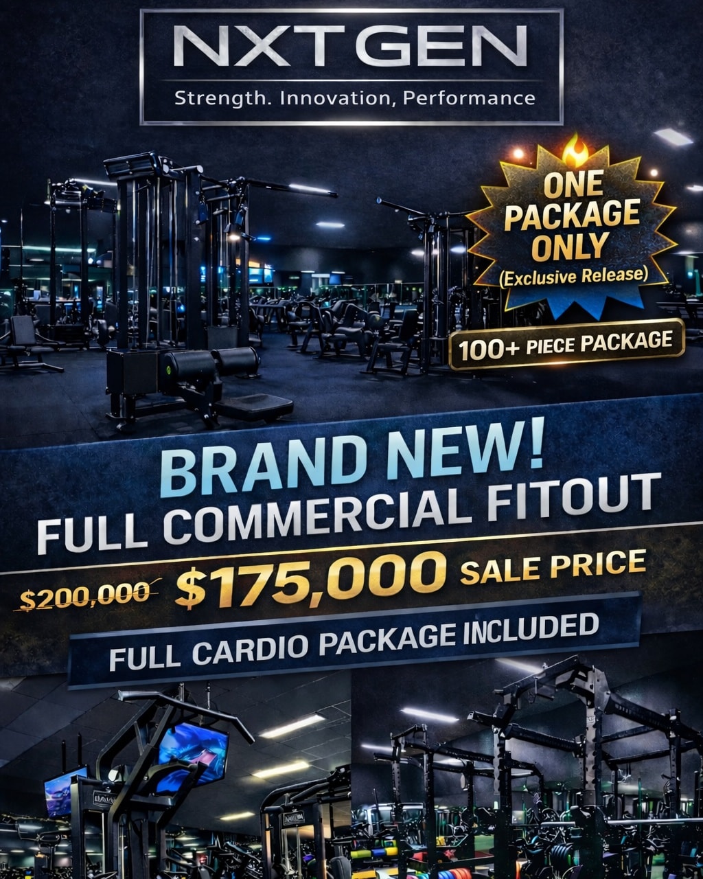 NXT GEN Fitness Equipment Facebook ad: ONE ONLY, FULL COMMERCIAL GYM FITOUT PACKAGE