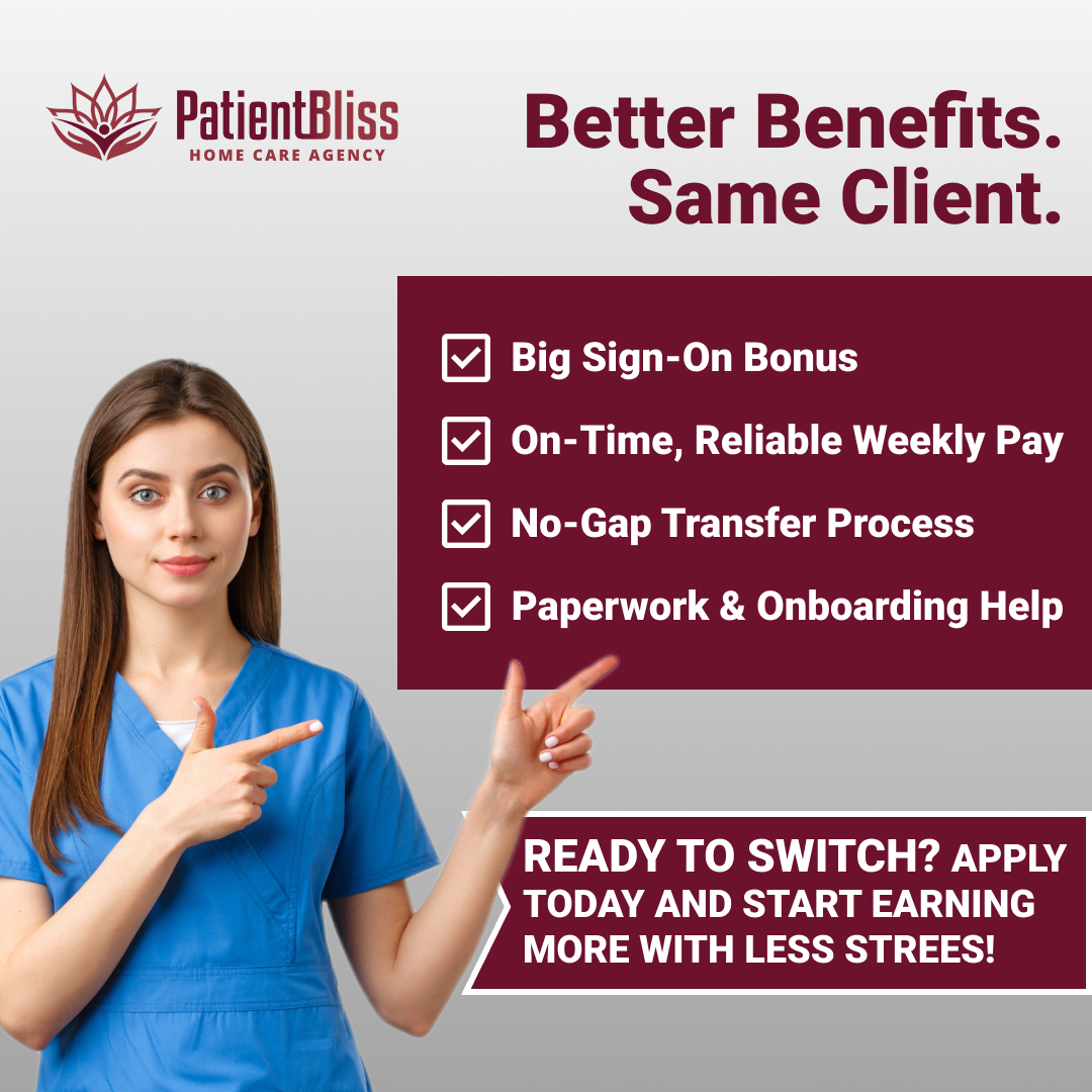 Patient Bliss Home Care Agency Facebook ad: Better Pay + Full Benefits + BIG Bonus