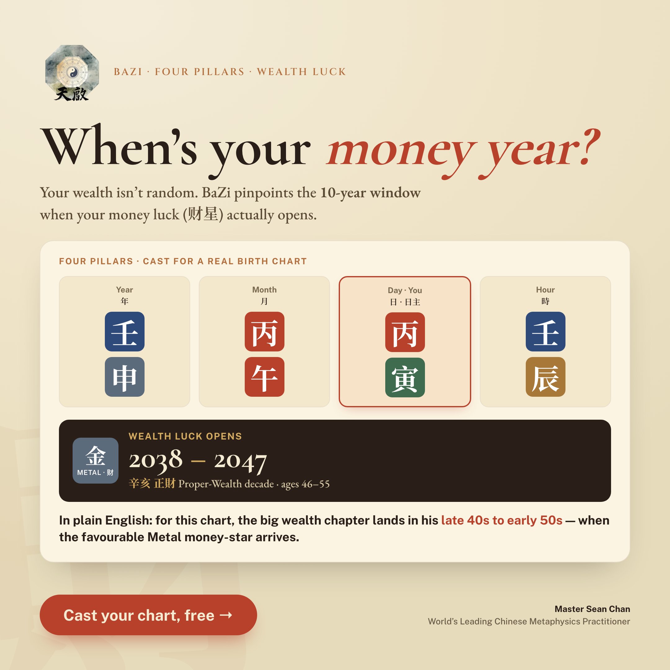 Sean Chan: Chinese Metaphysics Consultant Facebook ad: When's your money year?