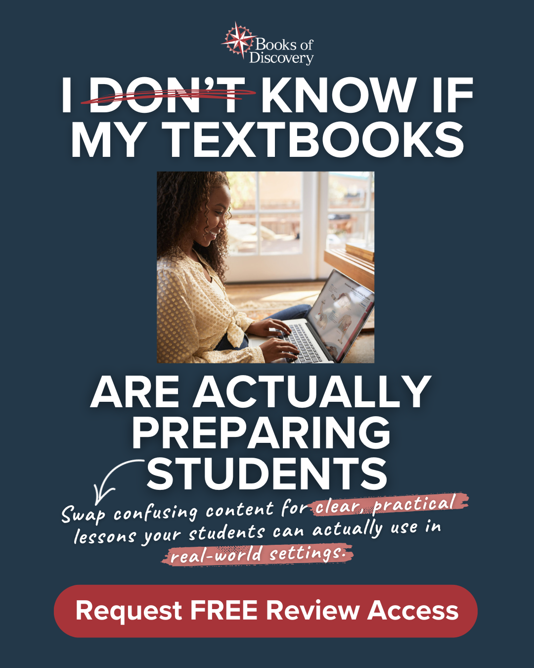 Books of Discovery For Instructors Facebook ad: Claim Your Free Instructor Review Access Now
