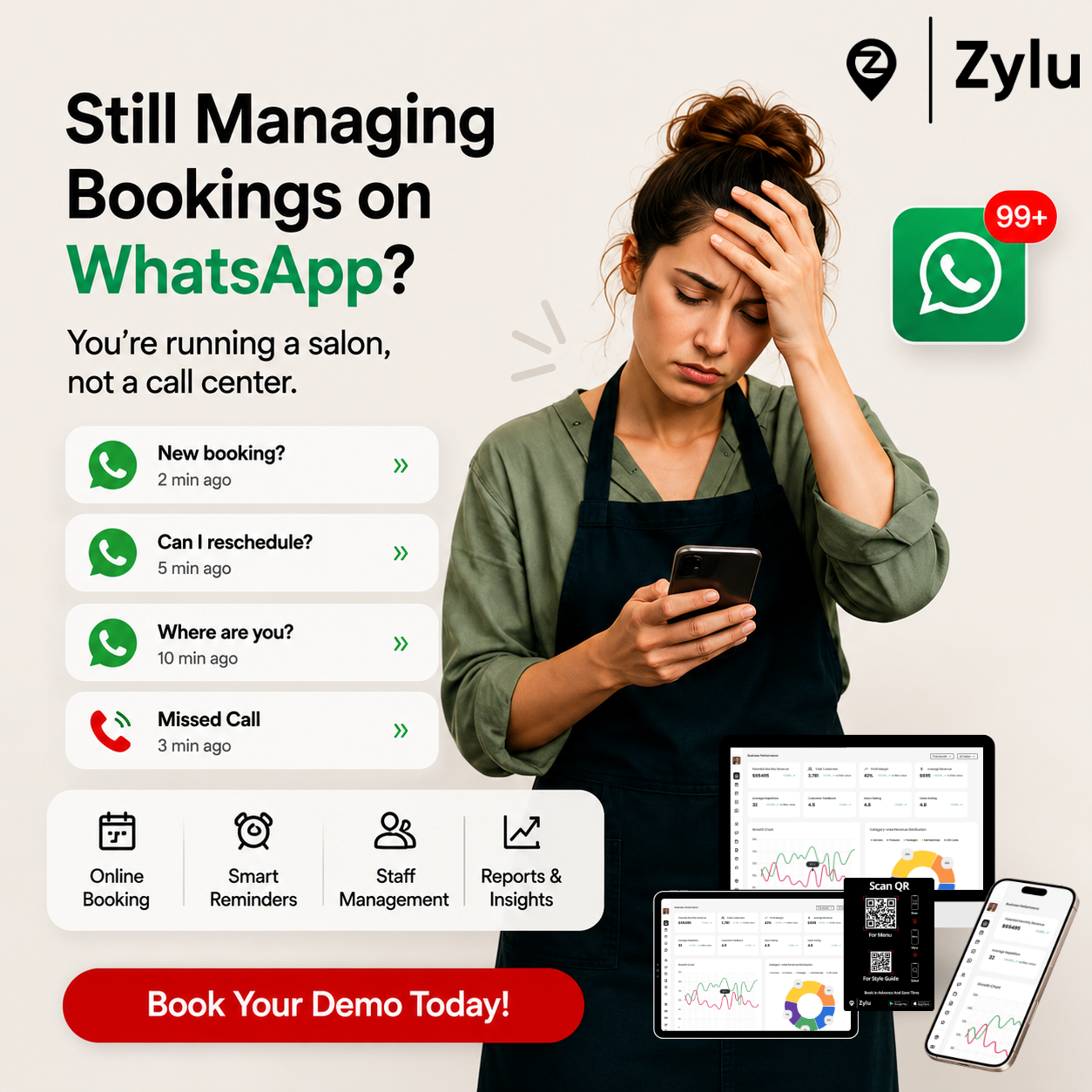 Zylu Facebook ad: Still Managing Bookings on WhatsApp?
