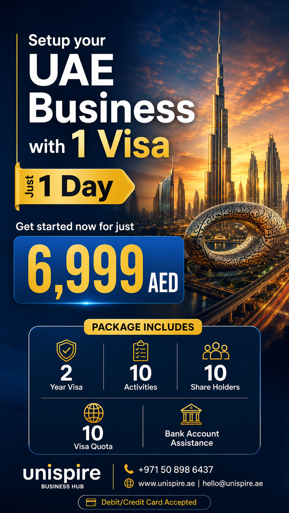 Unispire Group Facebook ad: Start Your UAE Business Today with 1 Visa, Only 6,499 AED