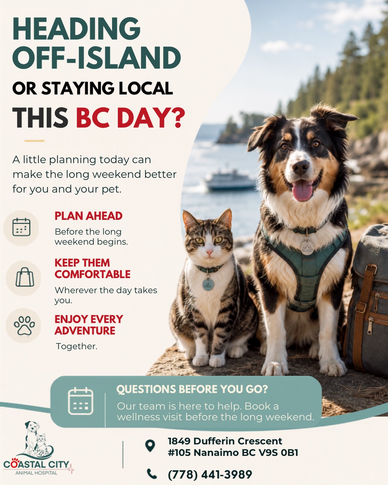 Coastal City Animal Hospital Nanaimo Facebook ad: Whether you’re catching a ferry, heading out on…