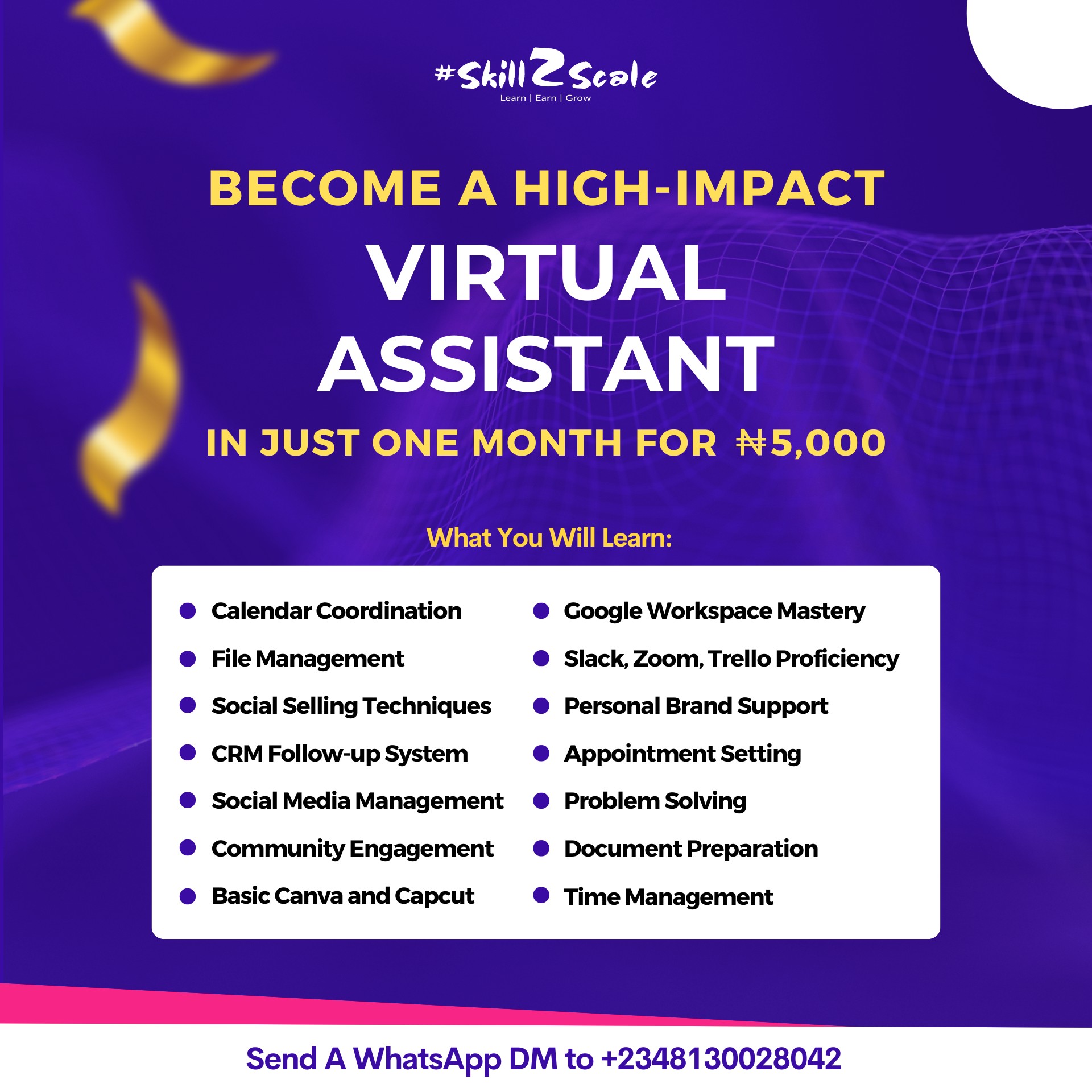 Skill2scale.school Facebook ad: START A PROFITABLE CAREER AS A VIRTUAL ASSISTANT!