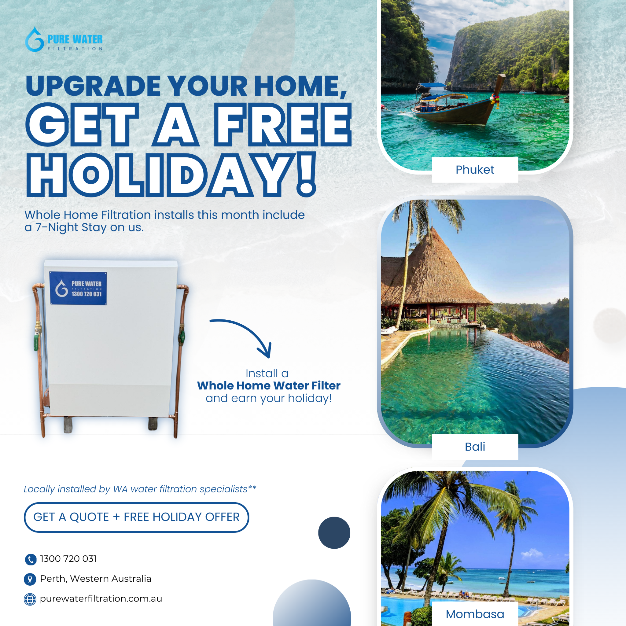 Pure Water Filtration Facebook ad: Turn Your Tap Water into a Ticket to Paradise
