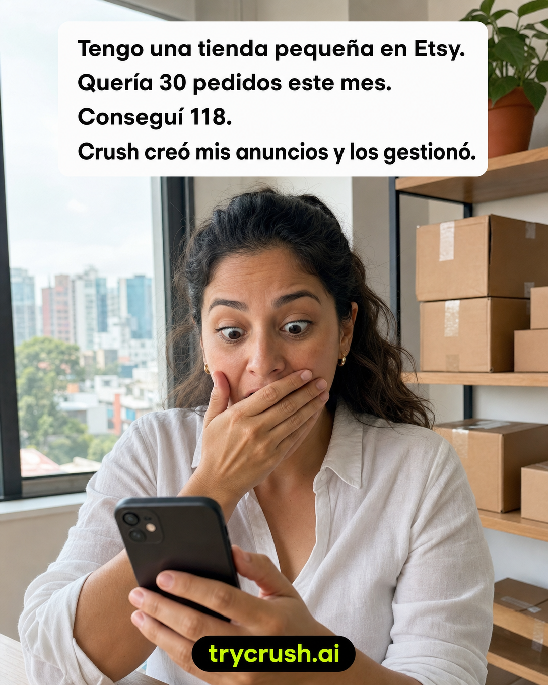 trycrush.ai Facebook ad: Quería 30 pedidos. Conseguí 118.