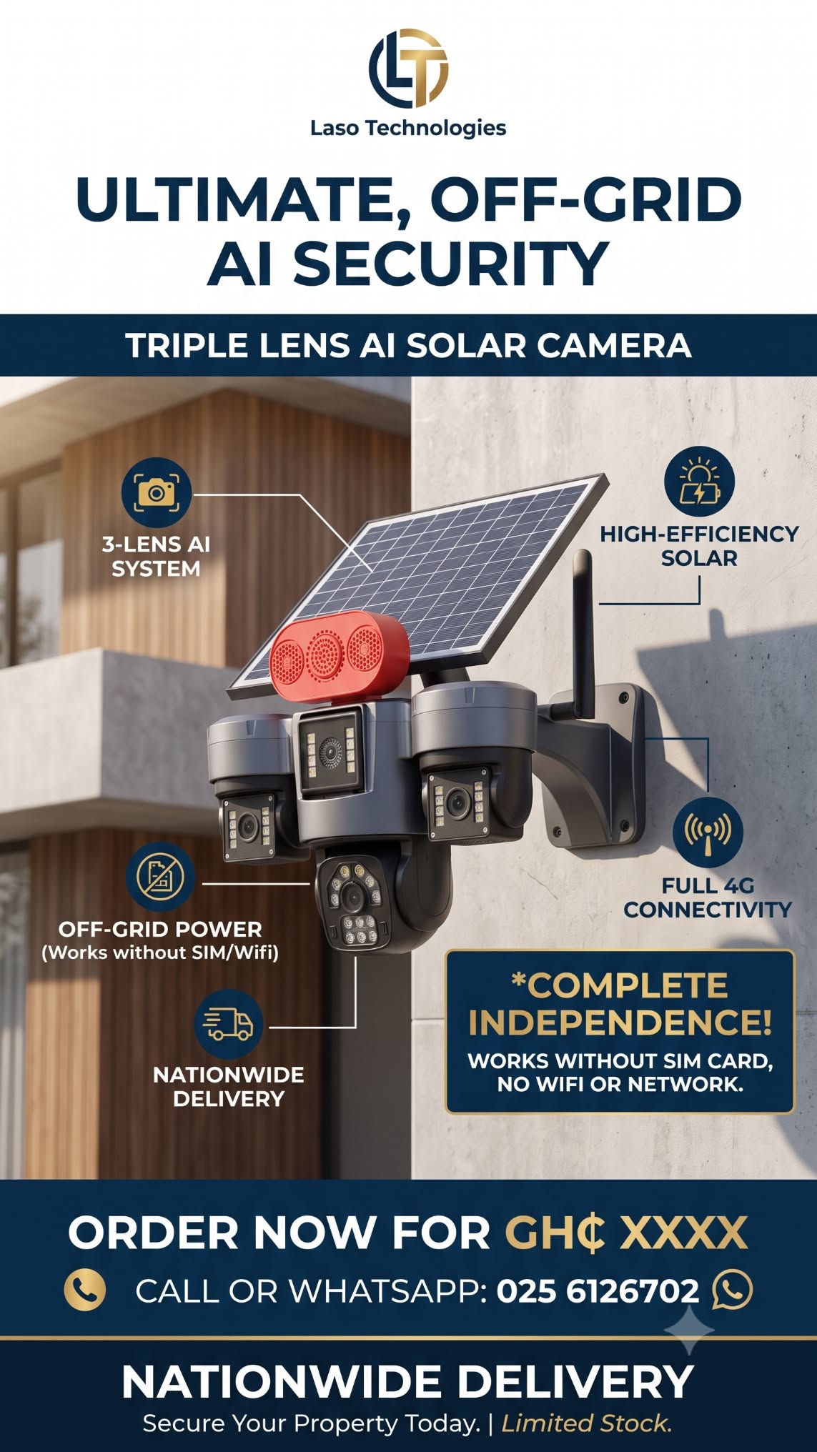 Laso Technologies Facebook ad: GHS 950 | Triple Lens AI Solar Camera