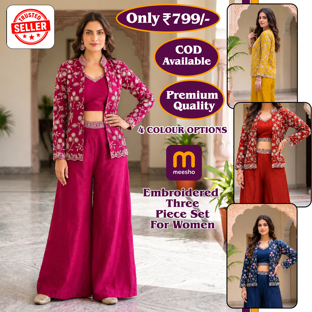 Trynreview Facebook ad: Premium Embroidered 3 Piece Set, Only ₹799 | COD Available