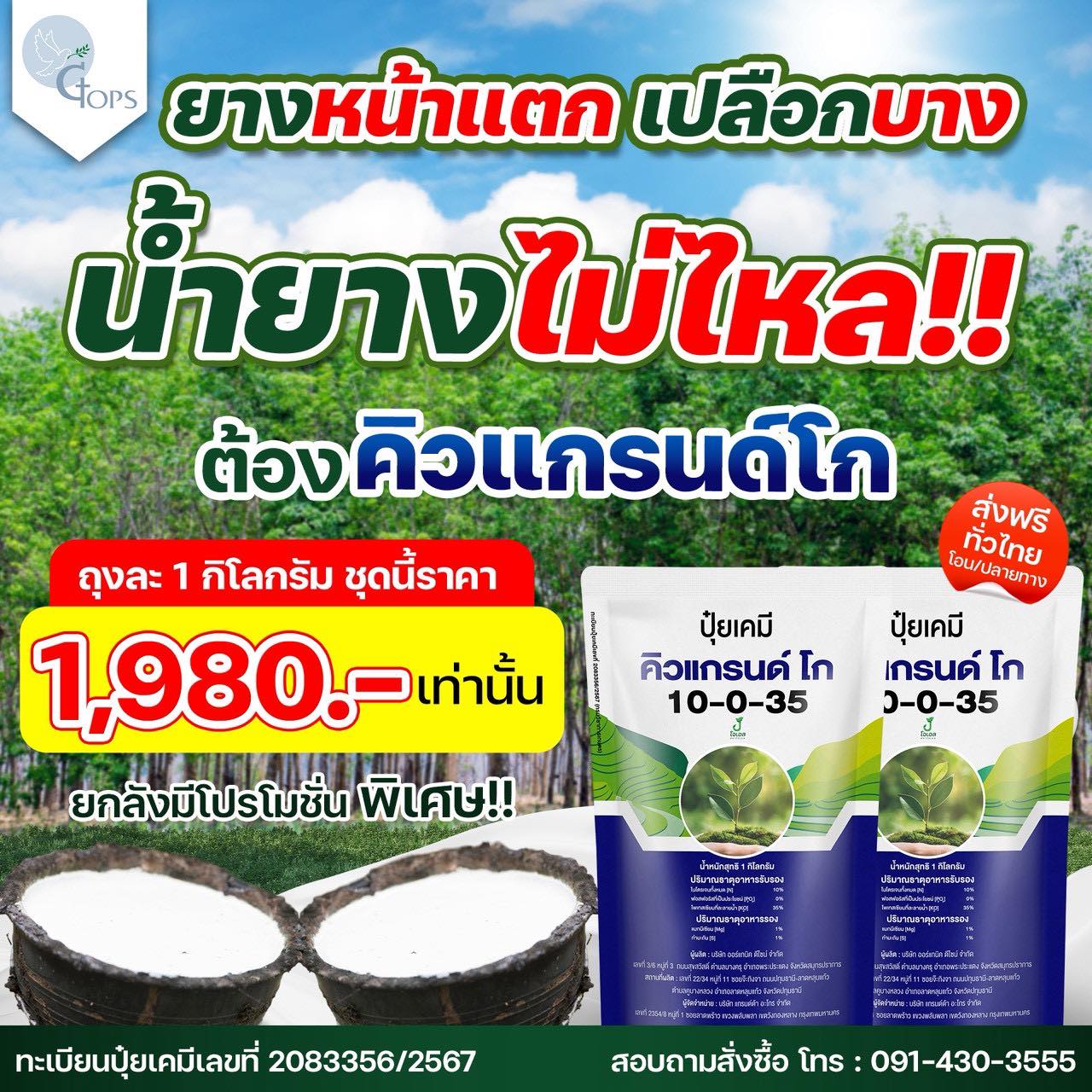 ปุ๋ยคิวแกรนด์ - เปลือกนิ่ม กรีดง่าย น้ำยางเยอะ เปอร์เซ็นต์น้ำยางสูง Facebook ad: ยางหน้าแตก เปลือกบาง น้ำยางไม่ไหล ต้องคิวแกรนด์โก!