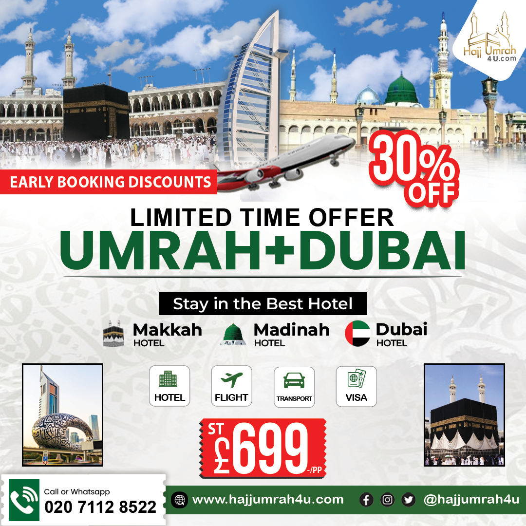 HajjUmrah 4U Facebook ad: Umrah + Dubai Tour, Starting from £699! | Up to 20% OFF